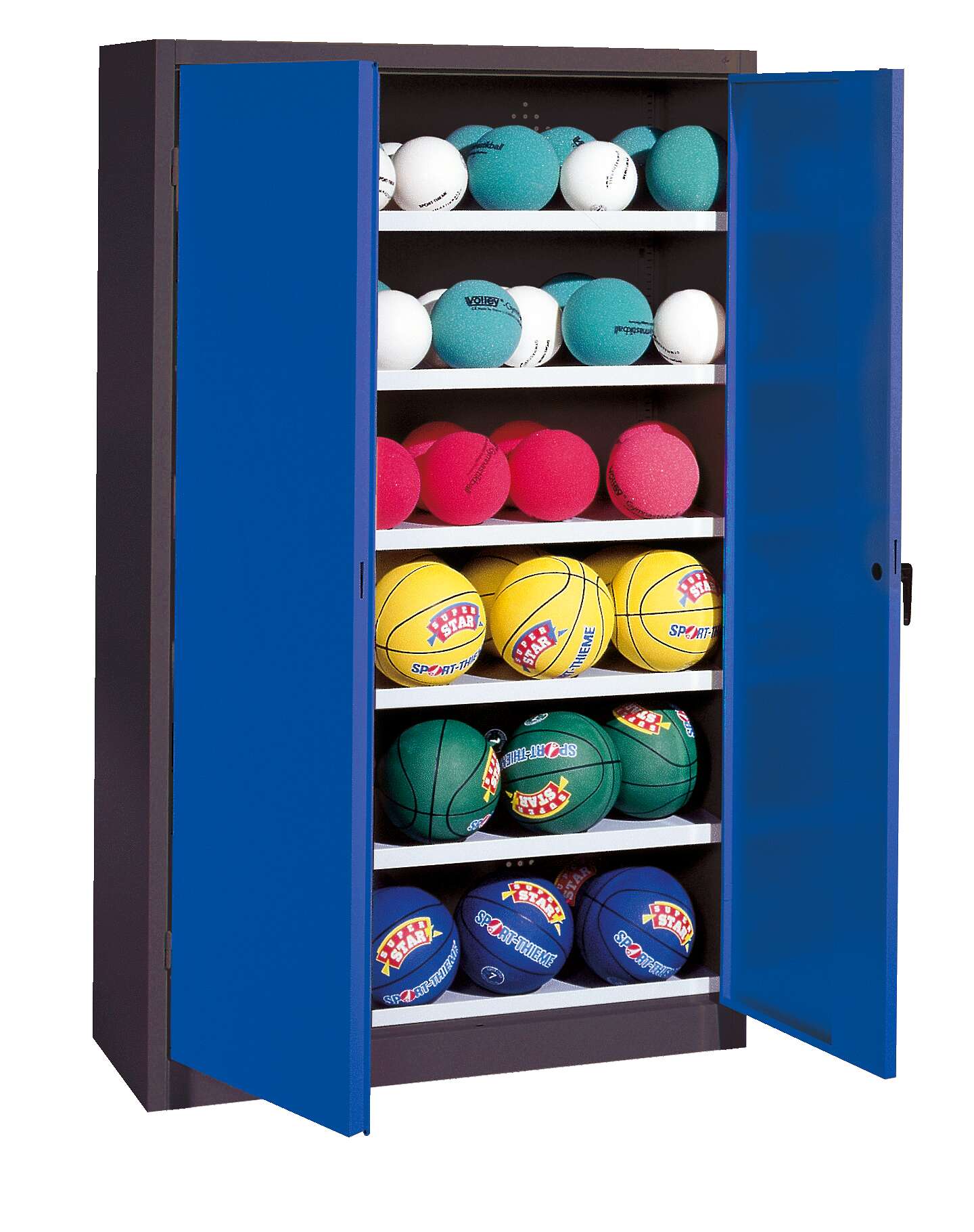 C+P Ballschrank mit Vollblech-Flügeltüren (Typ 3), HxBxT 195x93x50 cm, Enzianblau (RAL 5010), Anthrazit (RAL 7021), Gleichschließung
