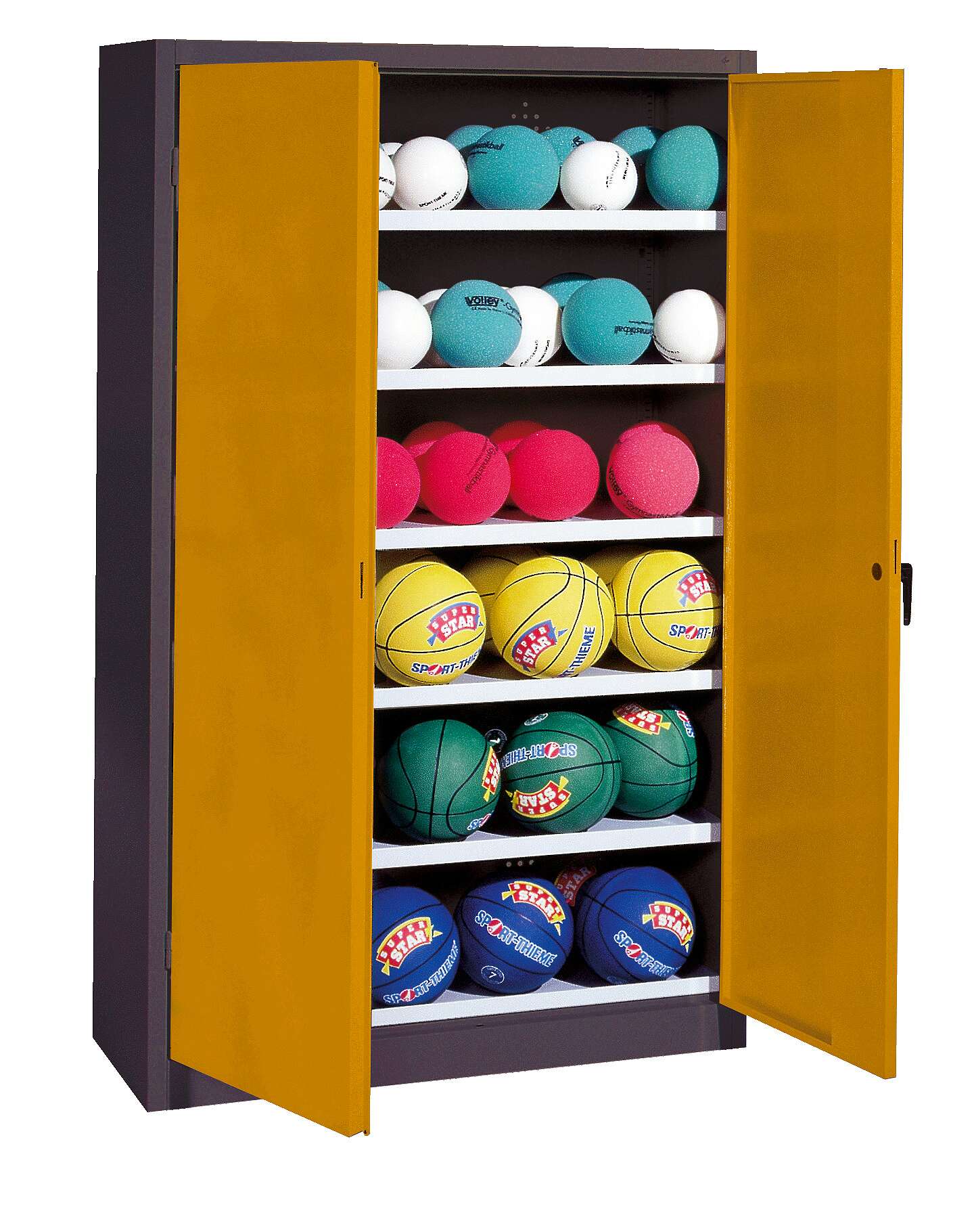 C+P Ballschrank mit Vollblech-Flügeltüren (Typ 3), HxBxT 195x120x40 cm, Goldgelb (RAL 1004), Anthrazit (RAL 7021), Gleichschließung