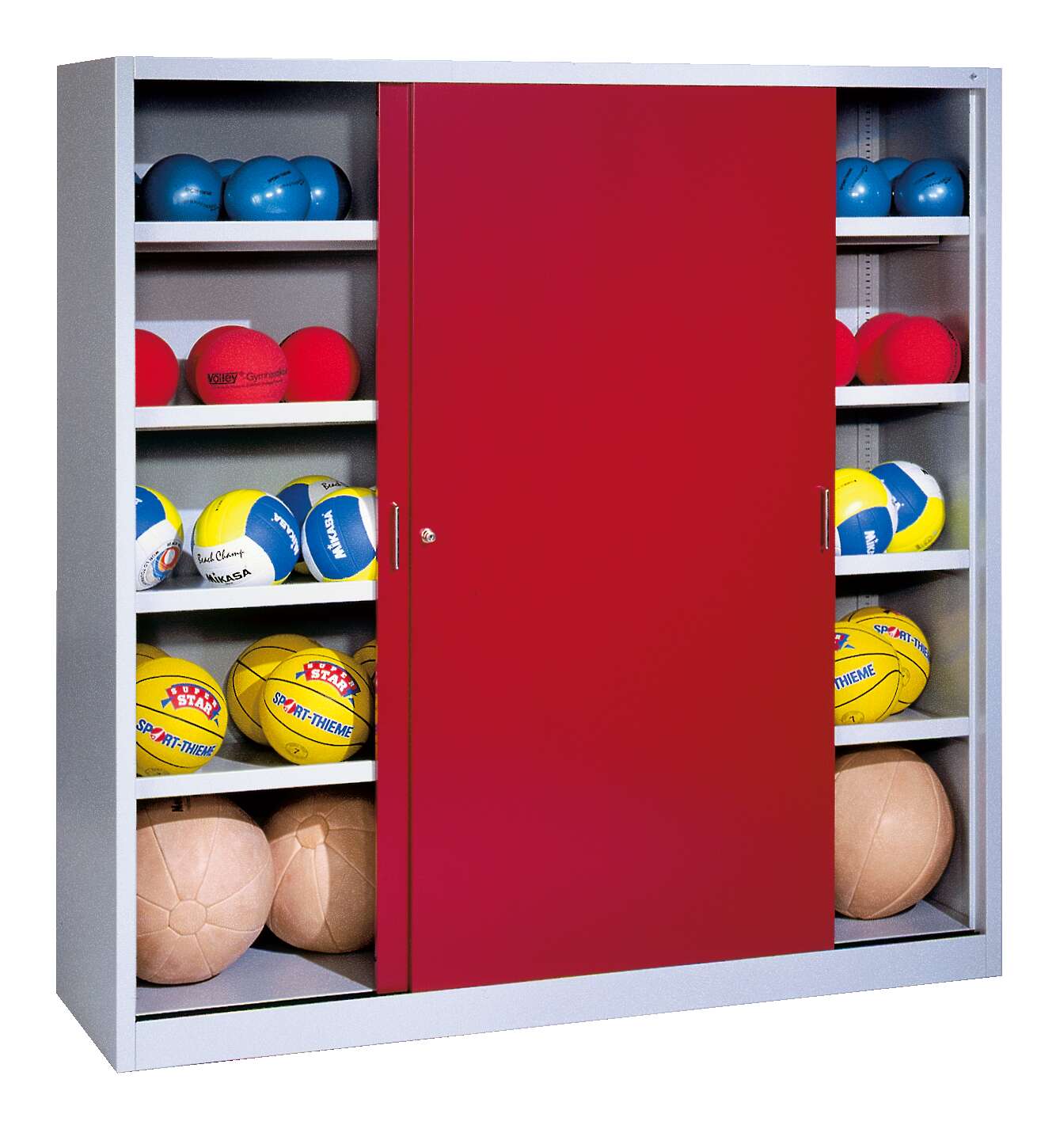 C+P Ballschrank mit Vollblech-Schiebetüren (Typ 4), HxBxT 195x120x50 cm, Rubinrot (RAL 3003), Gleichschließung