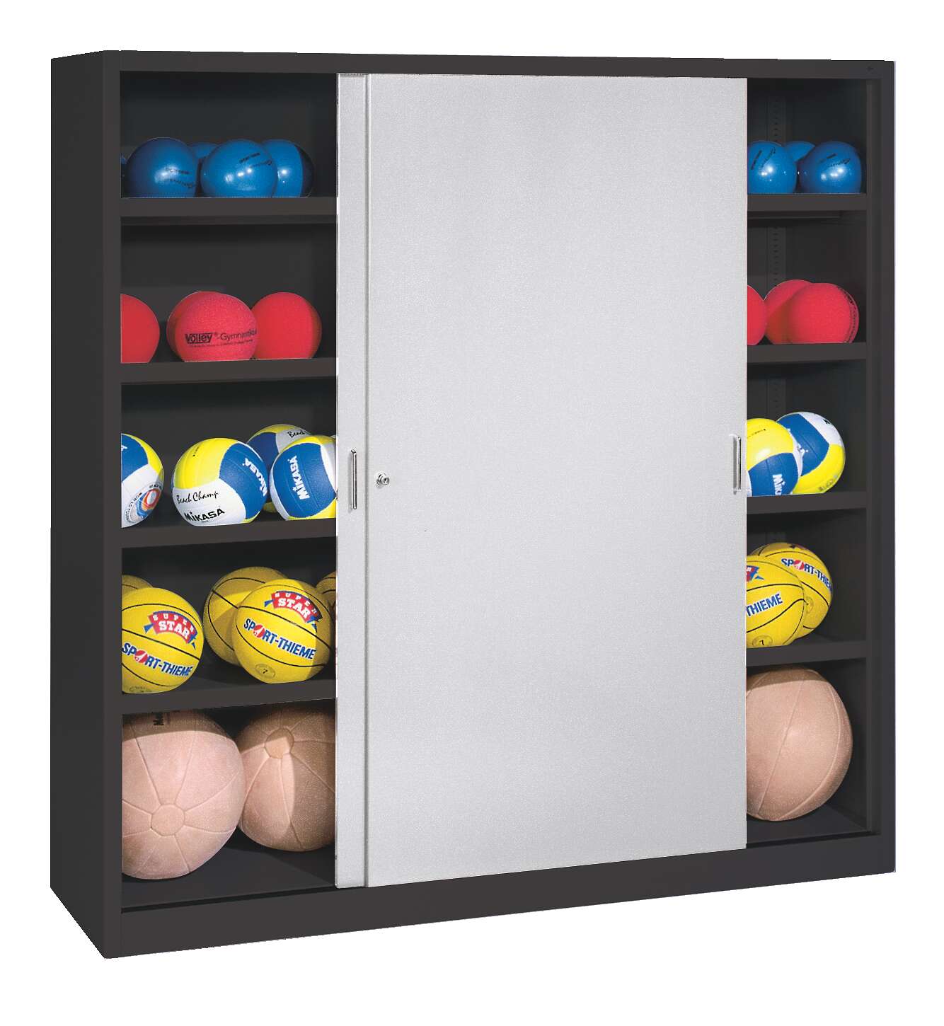C+P Ballschrank mit Vollblech-Schiebetüren (Typ 4), HxBxT 195x120x50 cm, Lichtgrau (RAL 7035), Anthrazit (RAL 7021), Gleichschließung
