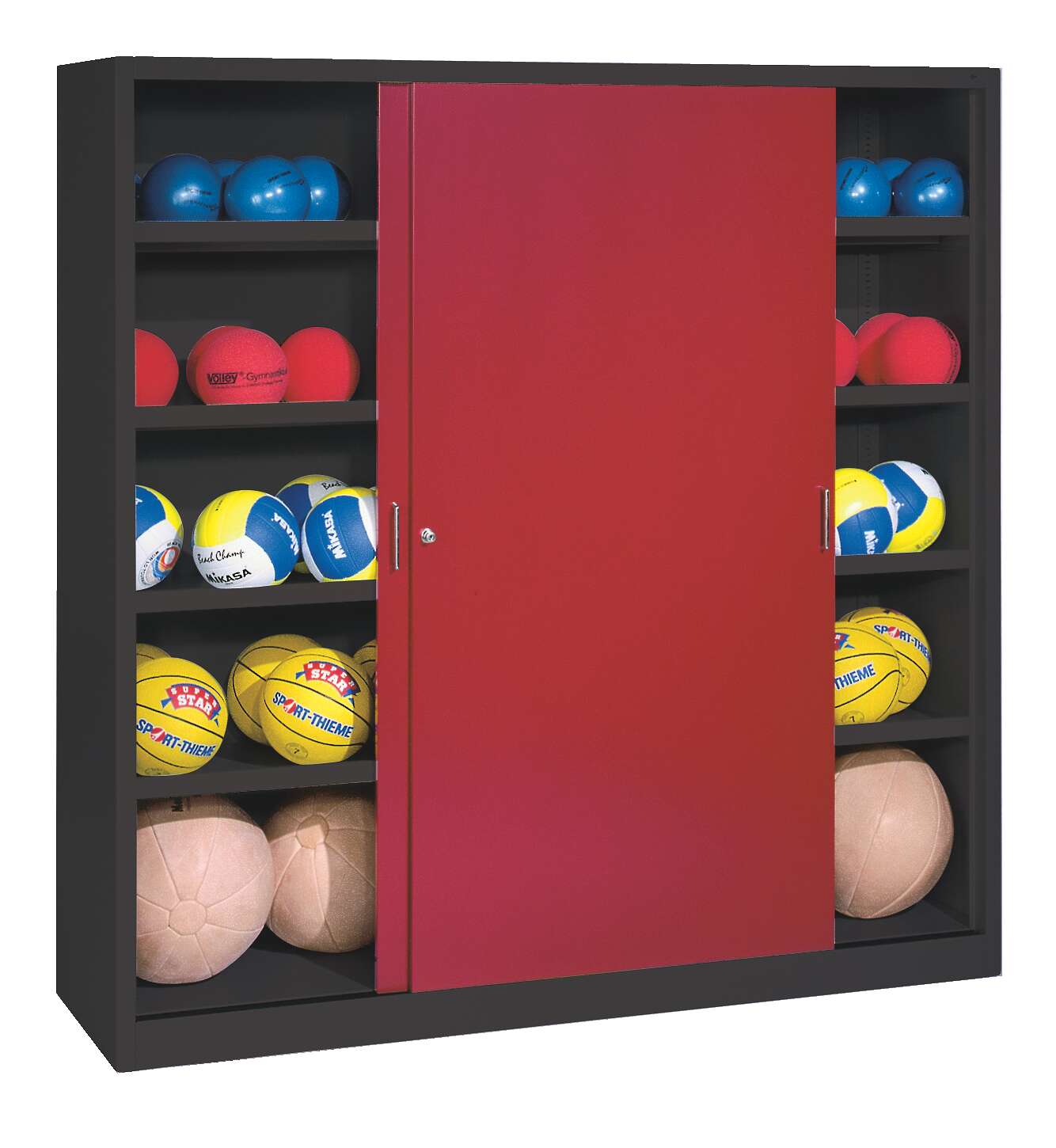 C+P Ballschrank mit Vollblech-Schiebetüren (Typ 4), HxBxT 195x120x50 cm, Rubinrot (RAL 3003), Anthrazit (RAL 7021), Gleichschließung