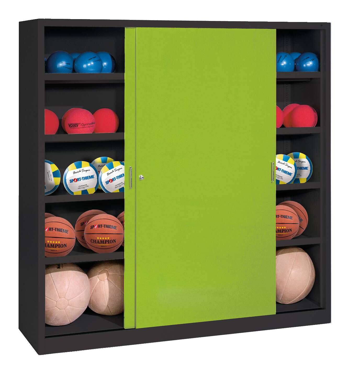 C+P Ballschrank mit Vollblech-Schiebetüren (Typ 4), HxBxT 195x120x50 cm, Clowngrün (RAL 110 80 60), Anthrazit (RAL 7021), Gleichschließung