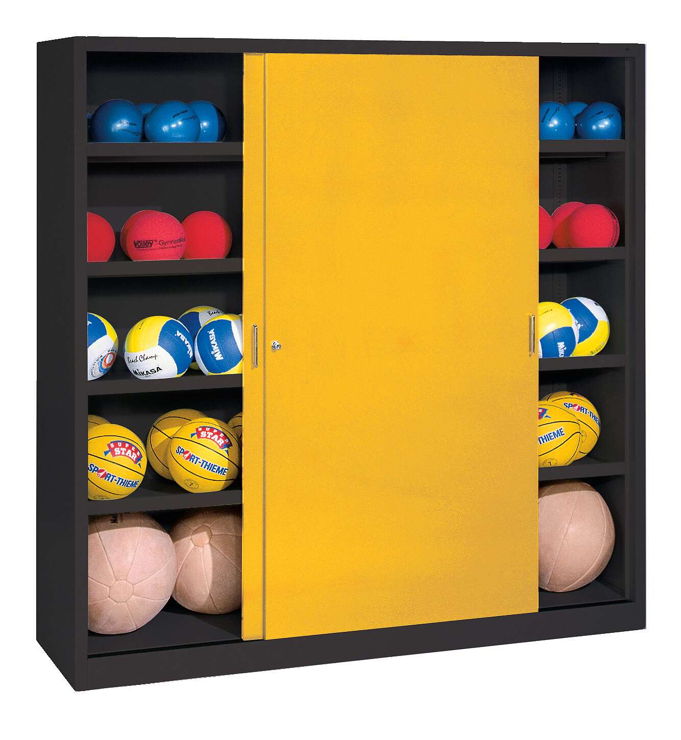 C+P Ballschrank mit Vollblech-Schiebetüren (Typ 4), HxBxT 195x120x50 cm, Verkehrsgelb (RAL 1023), Anthrazit (RAL 7021), Gleichschließung