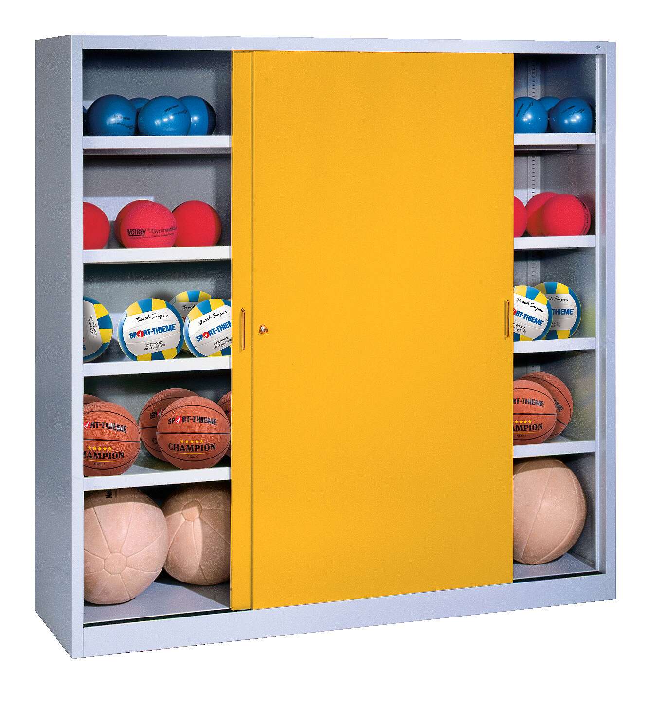 C+P Ballschrank mit Vollblech-Schiebetüren (Typ 4), HxBxT 195x160x50 cm, Verkehrsgelb (RAL 1023), Gleichschließung