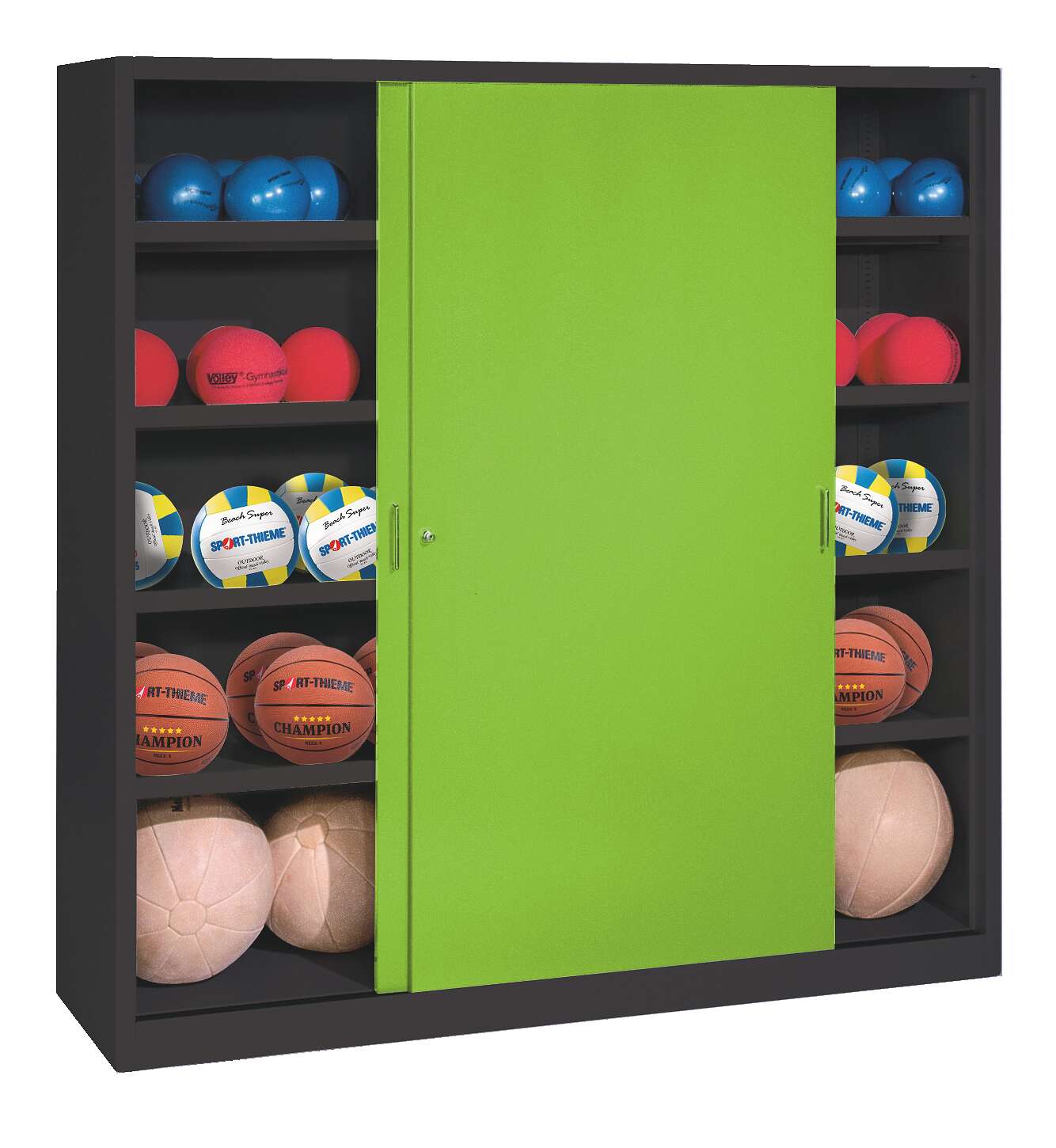 C+P Ballschrank mit Vollblech-Schiebetüren (Typ 4), HxBxT 195x160x50 cm, Clowngrün (RAL 110 80 60), Anthrazit (RAL 7021), Gleichschließung