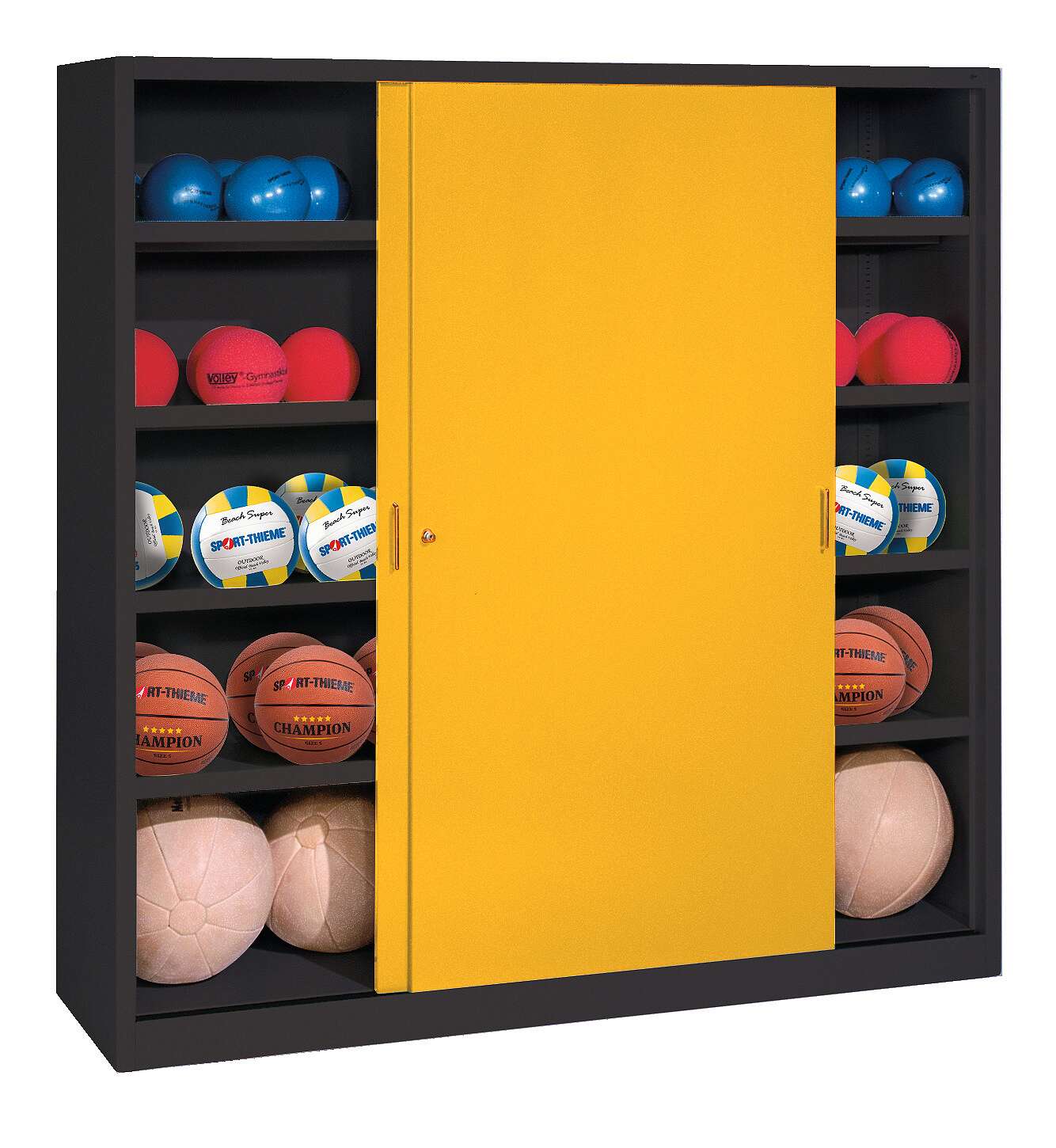 C+P Ballschrank mit Vollblech-Schiebetüren (Typ 4), HxBxT 195x160x50 cm, Verkehrsgelb (RAL 1023), Anthrazit (RAL 7021), Gleichschließung