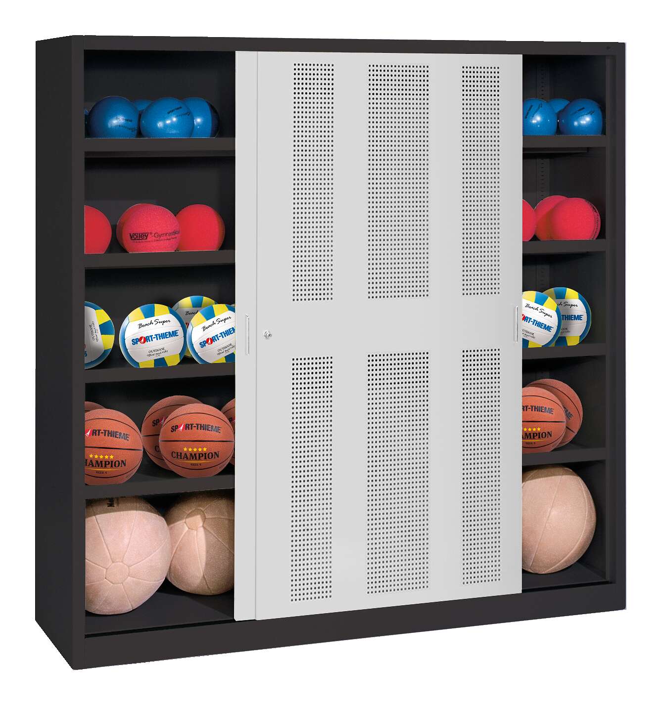 C+P Ballschrank mit Lochblech-Schiebetüren (Typ 4), HxBxT 195x160x50 cm, Lichtgrau (RAL 7035), Anthrazit (RAL 7021), Gleichschließung