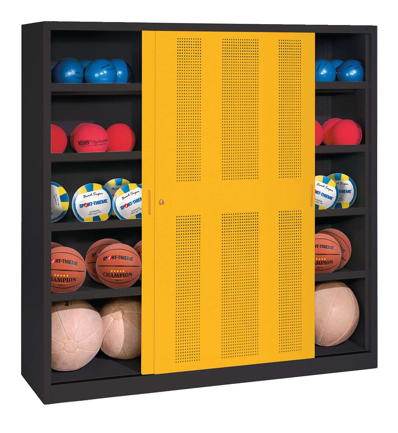 C+P Ballschrank mit Lochblech-Schiebetüren (Typ 4), HxBxT 195x160x50 cm, Verkehrsgelb (RAL 1023), Anthrazit (RAL 7021), Gleichschließung