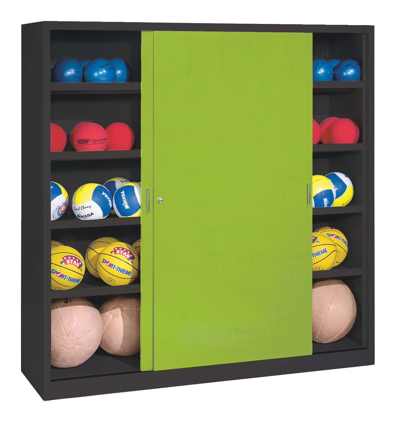 C+P Ballschrank mit Vollblech-Schiebetüren (Typ 4), HxBxT 195x190x60 cm, Clowngrün (RAL 110 80 60), Anthrazit (RAL 7021), Gleichschließung