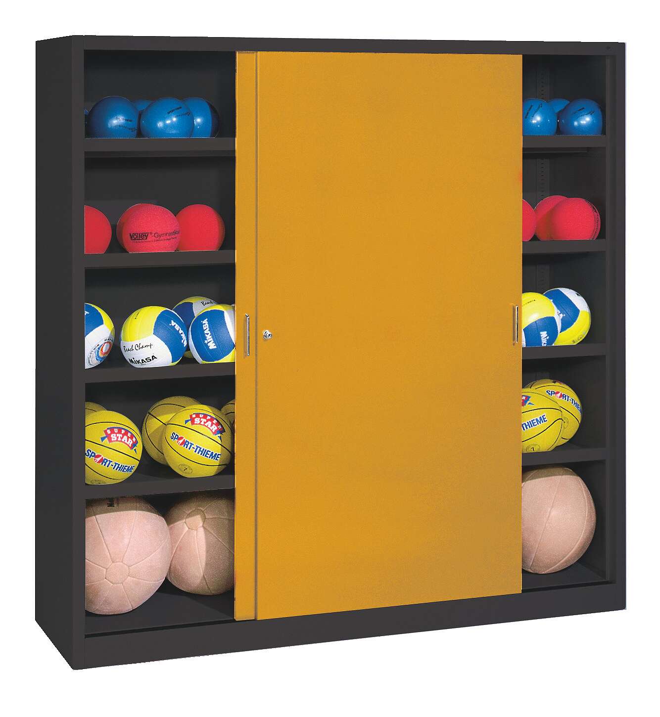 C+P Ballschrank mit Vollblech-Schiebetüren (Typ 4), HxBxT 195x190x60 cm, Goldgelb (RAL 1004), Anthrazit (RAL 7021), Gleichschließung