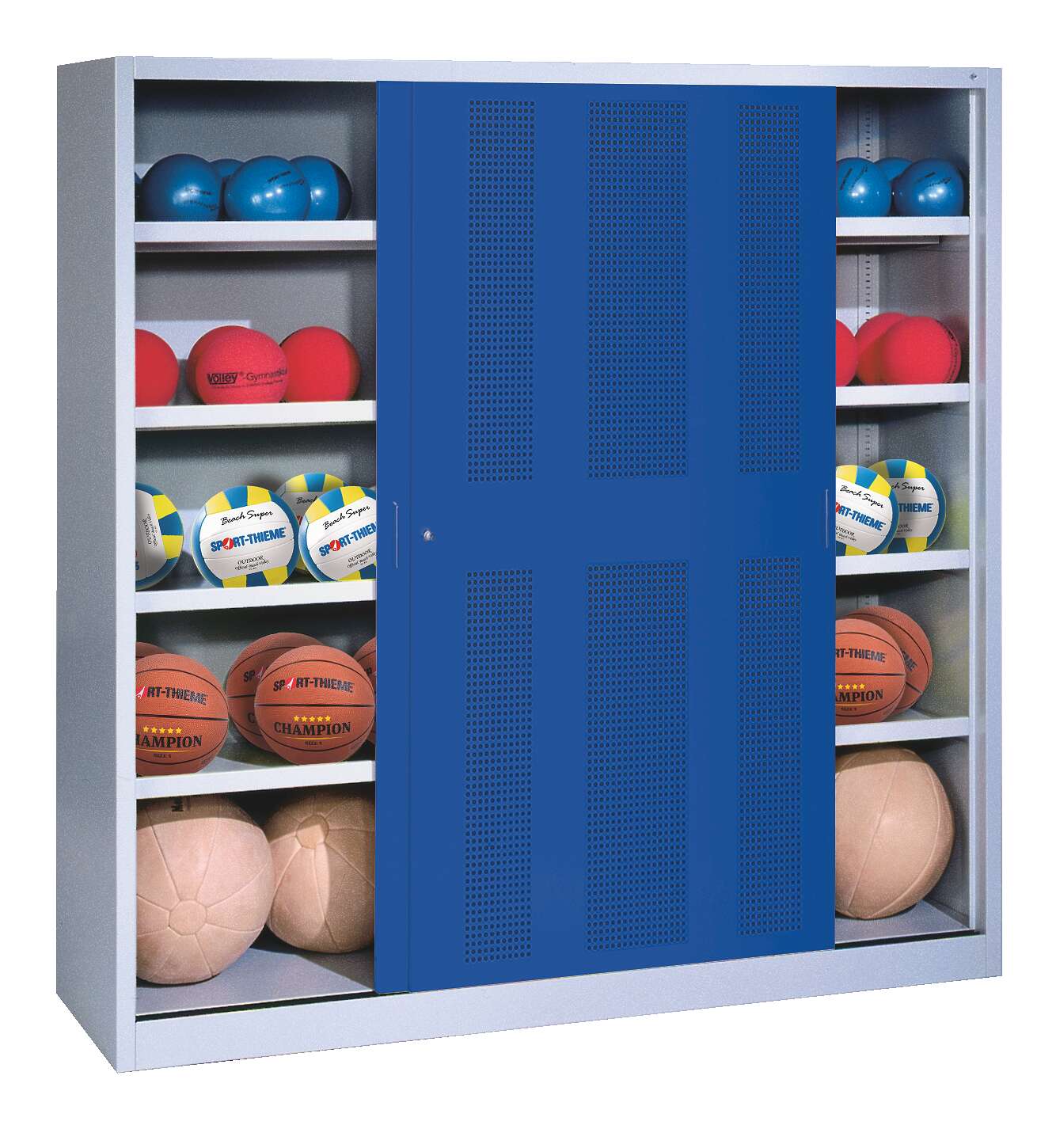 C+P Ballschrank mit Lochblech-Schiebetüren (Typ 4), HxBxT 195x190x60 cm, Enzianblau (RAL 5010), Gleichschließung