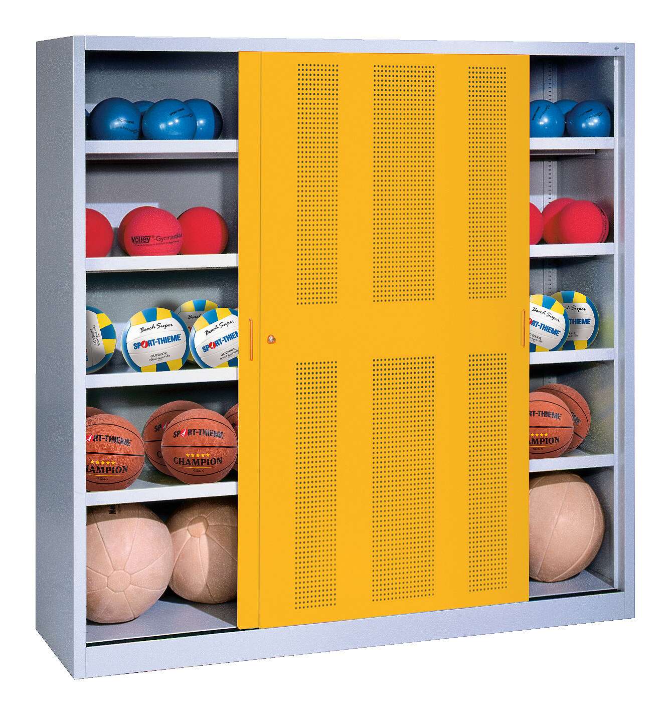 C+P Ballschrank mit Lochblech-Schiebetüren (Typ 4), HxBxT 195x190x60 cm, Verkehrsgelb (RAL 1023), Gleichschließung