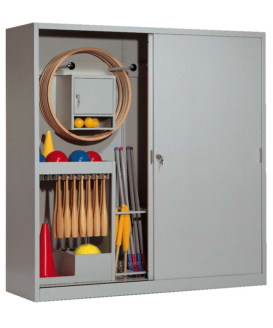 C+P Sportgeräteschrank mit Vollblech-Schiebetüren (Typ 5), HxBxT 195x190x60 cm, Lichtgrau (RAL 7035), Gleichschließung
