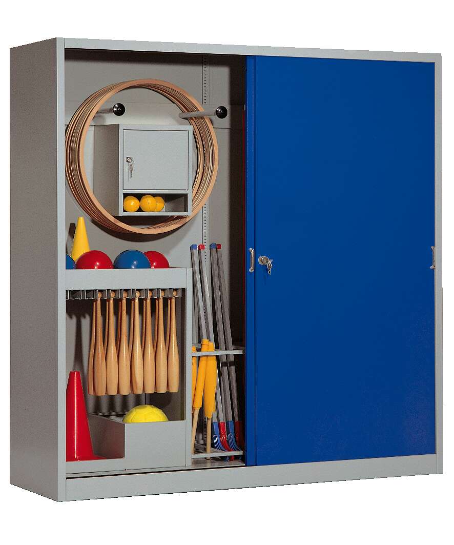C+P Sportgeräteschrank mit Vollblech-Schiebetüren (Typ 5), HxBxT 195x190x60 cm, Enzianblau (RAL 5010), Gleichschließung