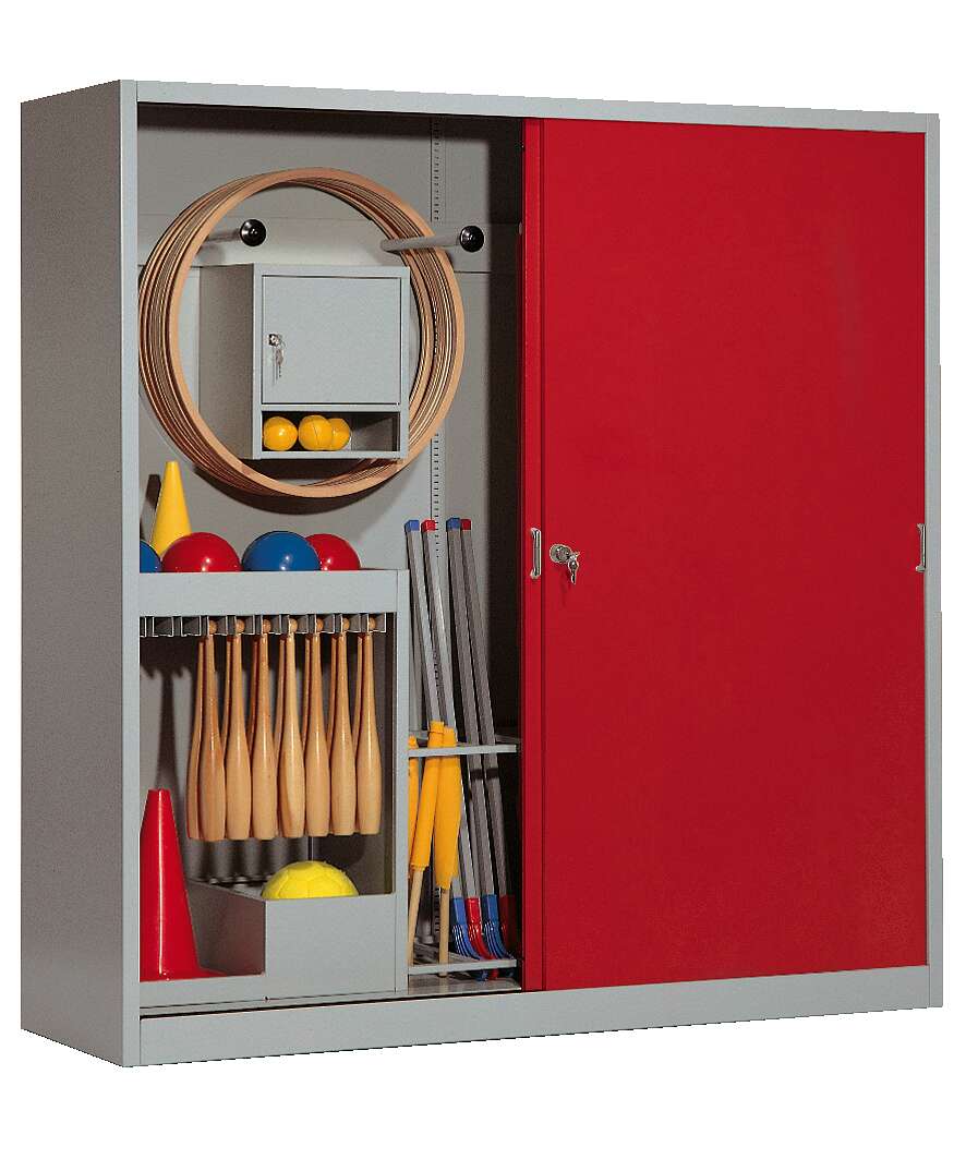C+P Sportgeräteschrank mit Vollblech-Schiebetüren (Typ 5), HxBxT 195x190x60 cm, Rubinrot (RAL 3003), Gleichschließung