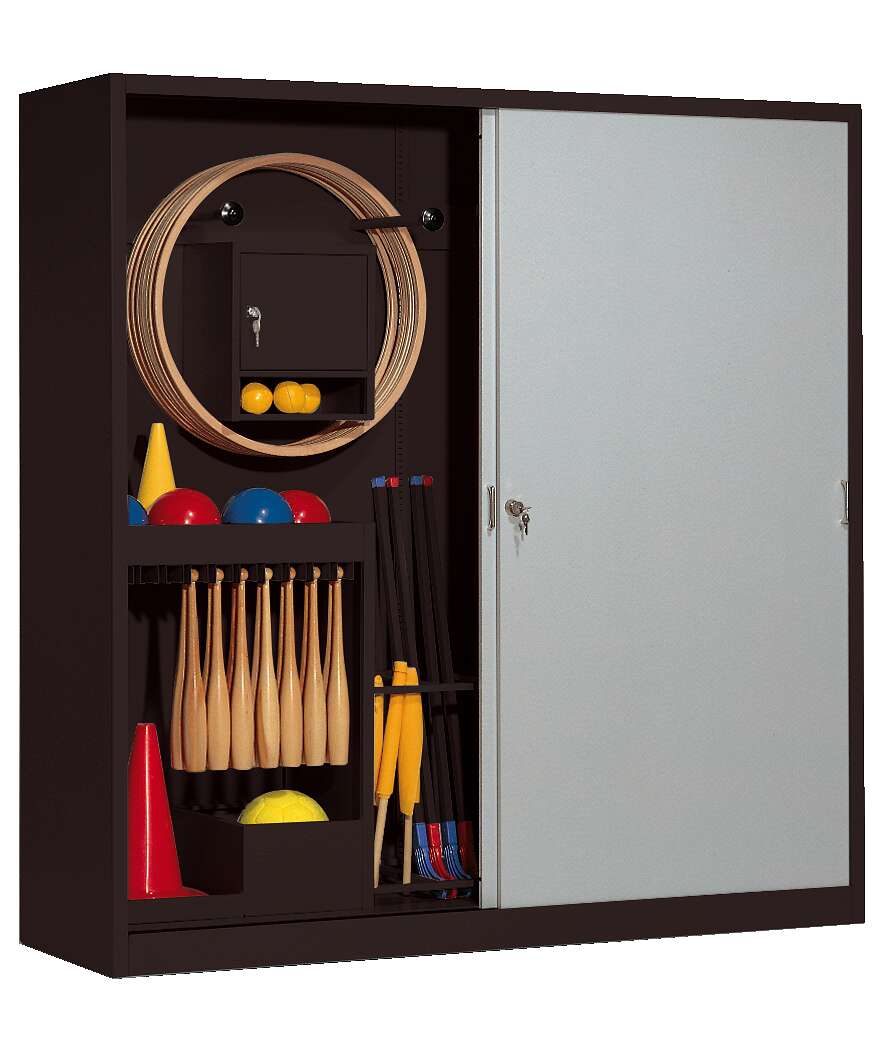C+P Sportgeräteschrank mit Vollblech-Schiebetüren (Typ 5), HxBxT 195x190x60 cm, Lichtgrau (RAL 7035), Anthrazit (RAL 7021), Gleichschließung