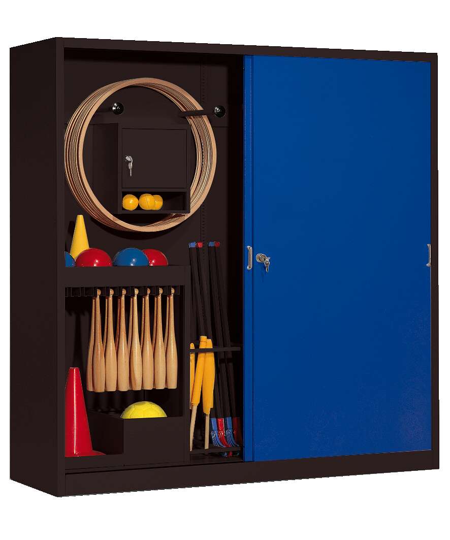C+P Sportgeräteschrank mit Vollblech-Schiebetüren (Typ 5), HxBxT 195x190x60 cm, Enzianblau (RAL 5010), Anthrazit (RAL 7021), Gleichschließung