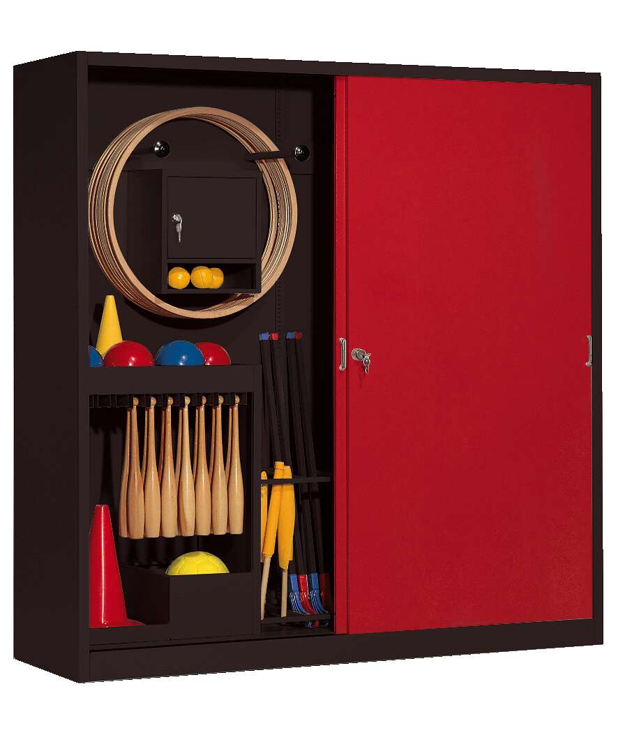 C+P Sportgeräteschrank mit Vollblech-Schiebetüren (Typ 5), HxBxT 195x190x60 cm, Rubinrot (RAL 3003), Anthrazit (RAL 7021), Gleichschließung