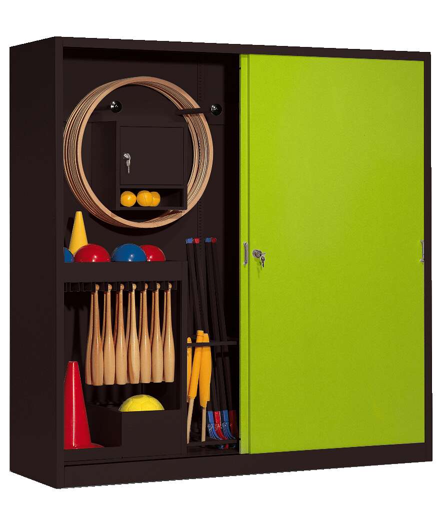 C+P Sportgeräteschrank mit Vollblech-Schiebetüren (Typ 5), HxBxT 195x190x60 cm, Clowngrün (RAL 110 80 60), Anthrazit (RAL 7021), Gleichschließung