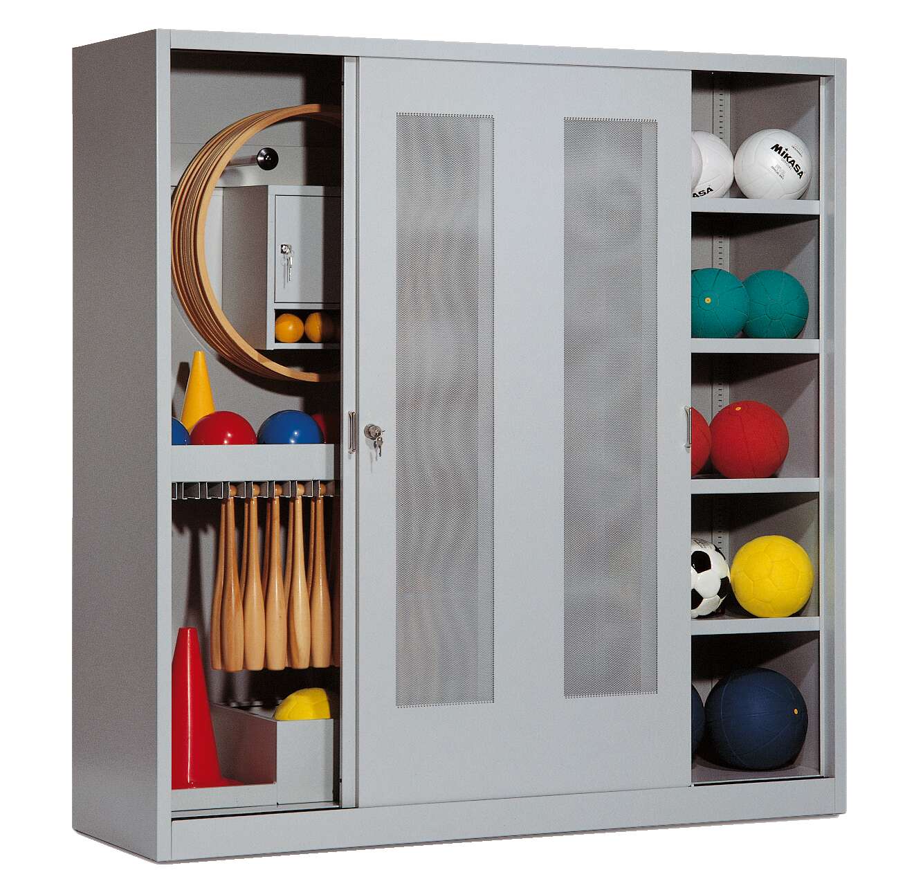 C+P Sportgeräteschrank mit Lochblech-Schiebetüren (Typ 5), HxBxT 195x190x60 cm, Lichtgrau (RAL 7035), Gleichschließung