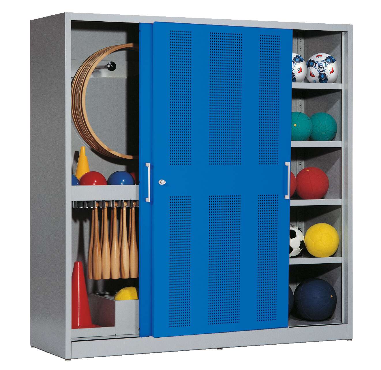 C+P Sportgeräteschrank mit Lochblech-Schiebetüren (Typ 5), HxBxT 195x190x60 cm, Enzianblau (RAL 5010), Gleichschließung