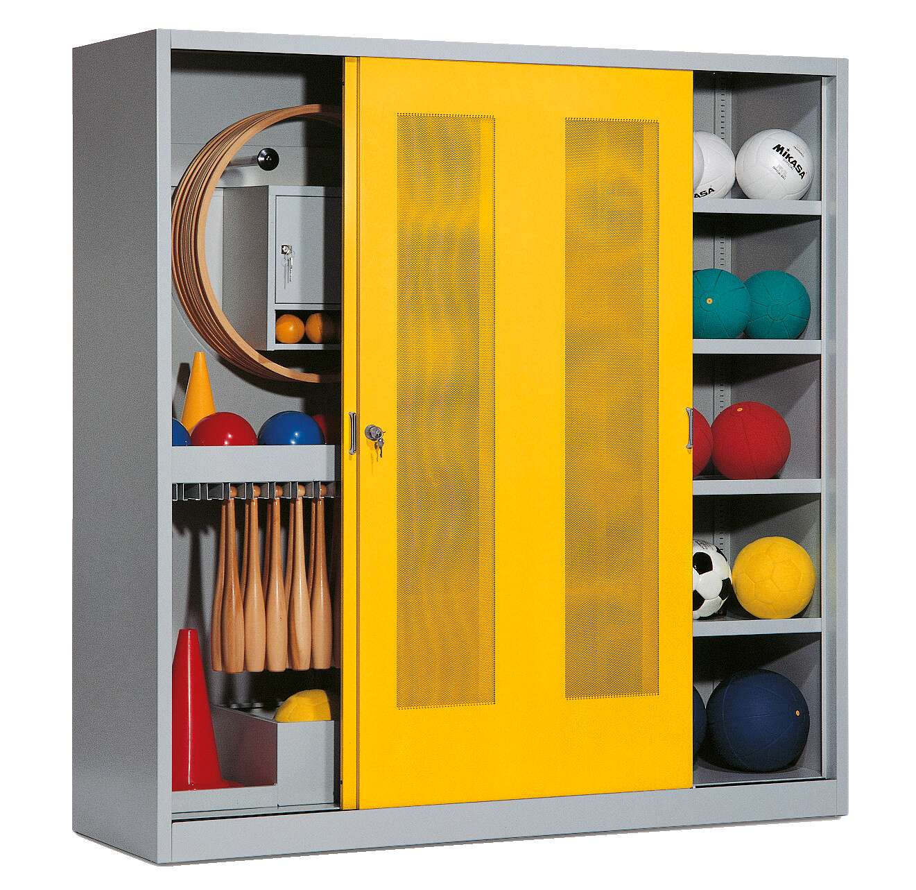 C+P Sportgeräteschrank mit Lochblech-Schiebetüren (Typ 5), HxBxT 195x190x60 cm, Verkehrsgelb (RAL 1023), Gleichschließung