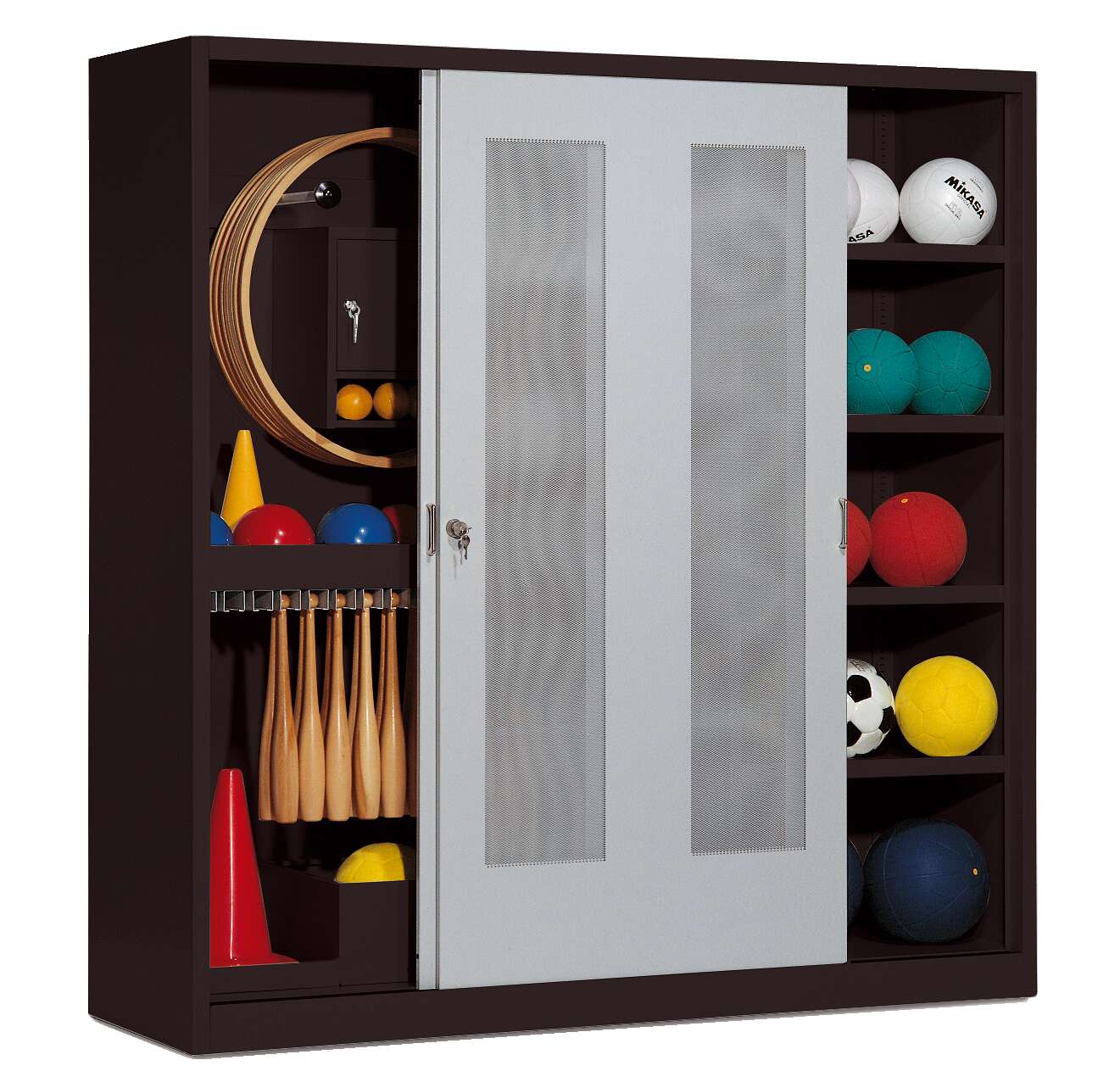 C+P Sportgeräteschrank mit Lochblech-Schiebetüren (Typ 5), HxBxT 195x190x60 cm, Lichtgrau (RAL 7035), Anthrazit (RAL 7021), Gleichschließung