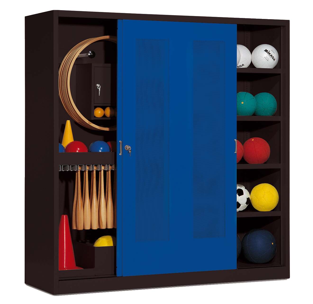 C+P Sportgeräteschrank mit Lochblech-Schiebetüren (Typ 5), HxBxT 195x190x60 cm, Enzianblau (RAL 5010), Anthrazit (RAL 7021), Gleichschließung