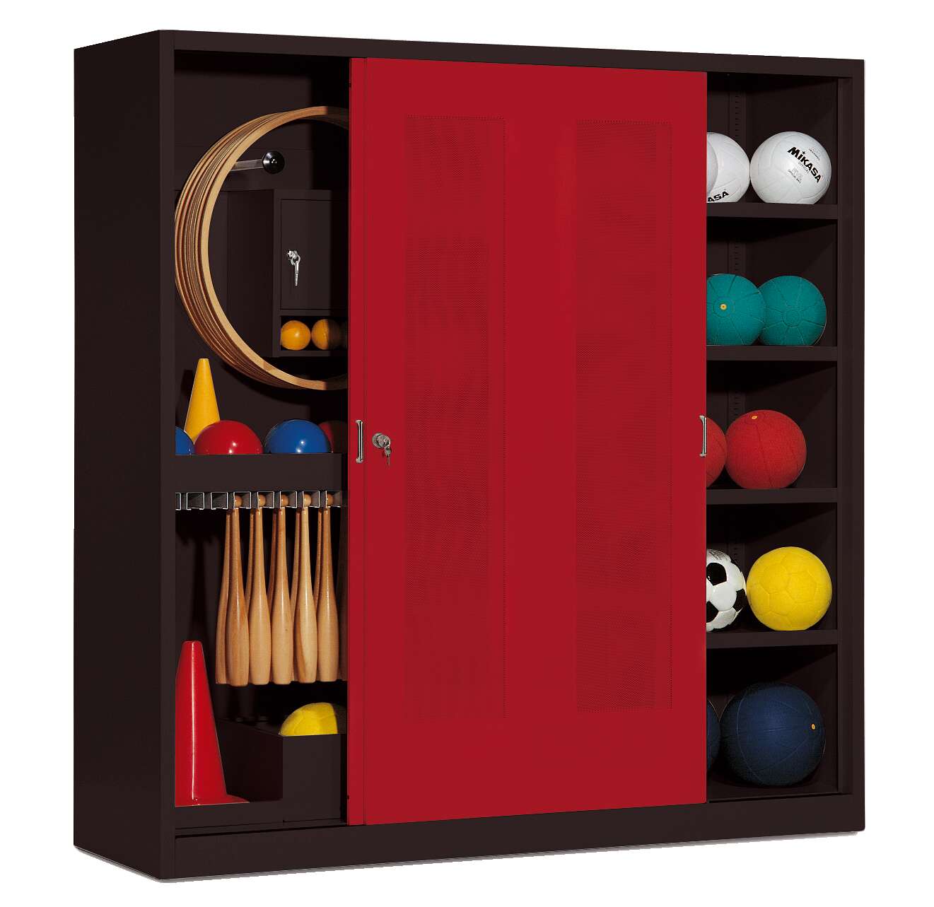 C+P Sportgeräteschrank mit Lochblech-Schiebetüren (Typ 5), HxBxT 195x190x60 cm, Rubinrot (RAL 3003), Anthrazit (RAL 7021), Gleichschließung