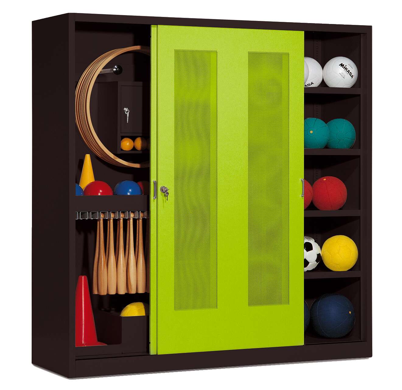 C+P Sportgeräteschrank mit Lochblech-Schiebetüren (Typ 5), HxBxT 195x190x60 cm, Clowngrün (RAL 110 80 60), Anthrazit (RAL 7021), Gleichschließung