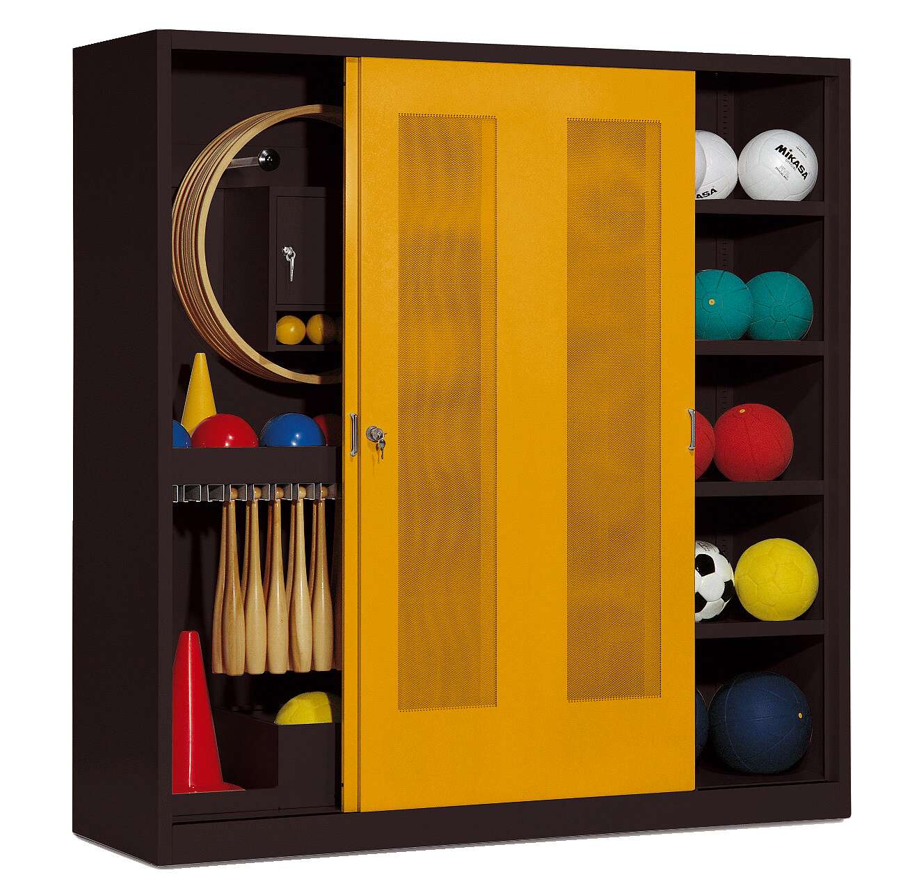 C+P Sportgeräteschrank mit Lochblech-Schiebetüren (Typ 5), HxBxT 195x190x60 cm, Goldgelb (RAL 1004), Anthrazit (RAL 7021), Gleichschließung