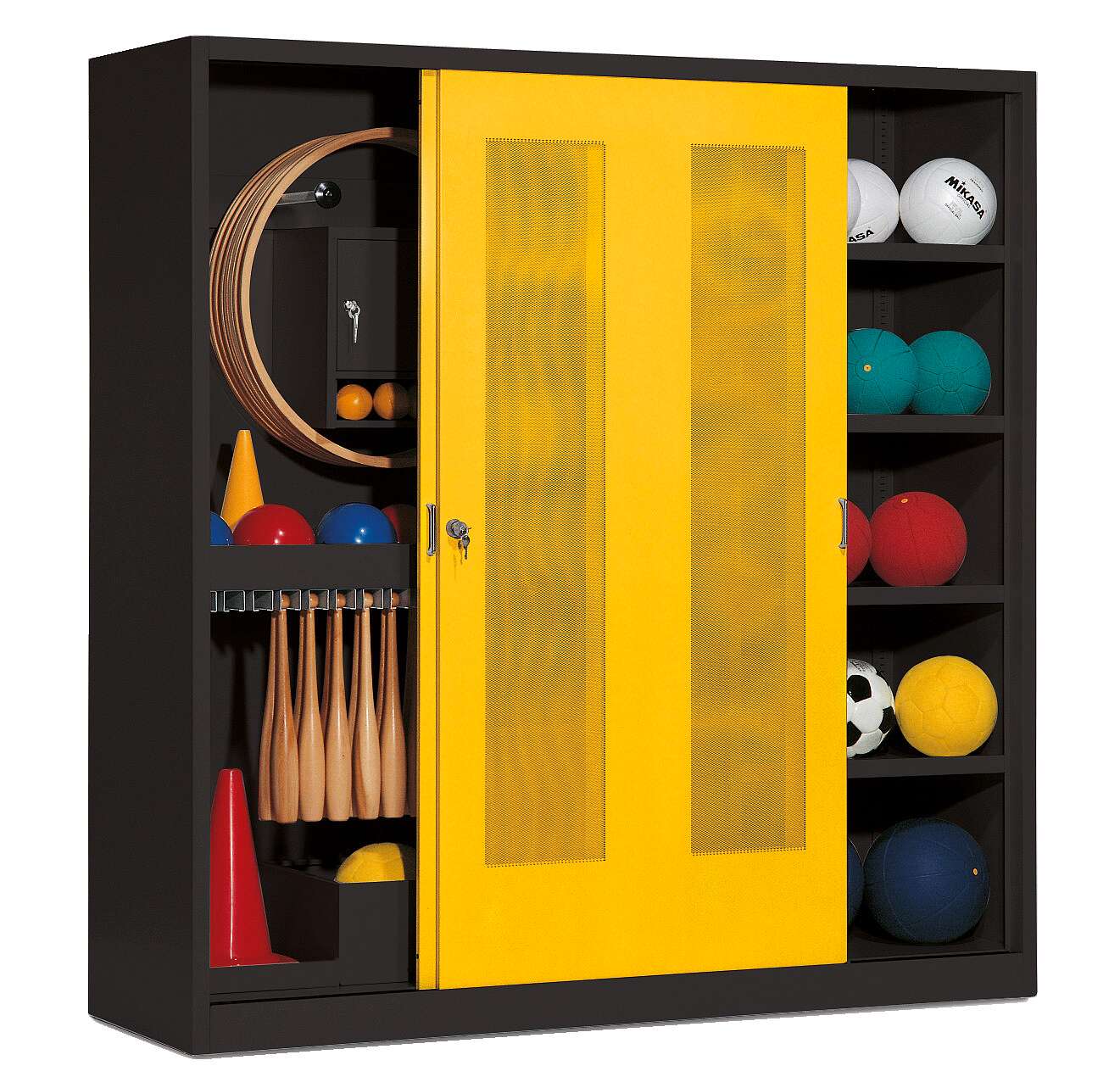 C+P Sportgeräteschrank mit Lochblech-Schiebetüren (Typ 5), HxBxT 195x190x60 cm, Verkehrsgelb (RAL 1023), Anthrazit (RAL 7021), Gleichschließung