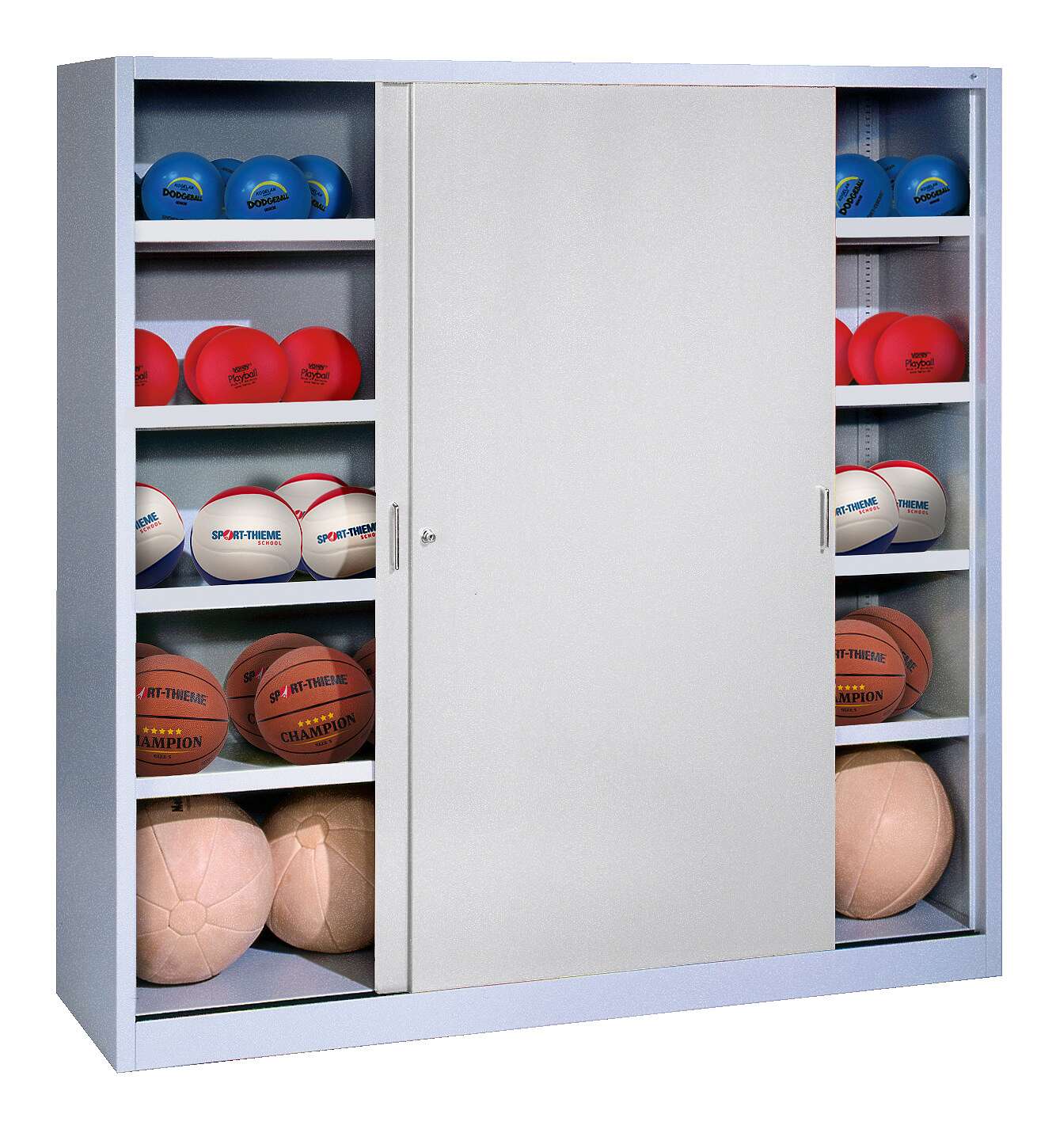 C+P Ballschrank (HxBxT: 195x120x40 cm, mit Vollblech-Schiebetüren, Typ 4), Lichtgrau (RAL 7035), Einzelschließung
