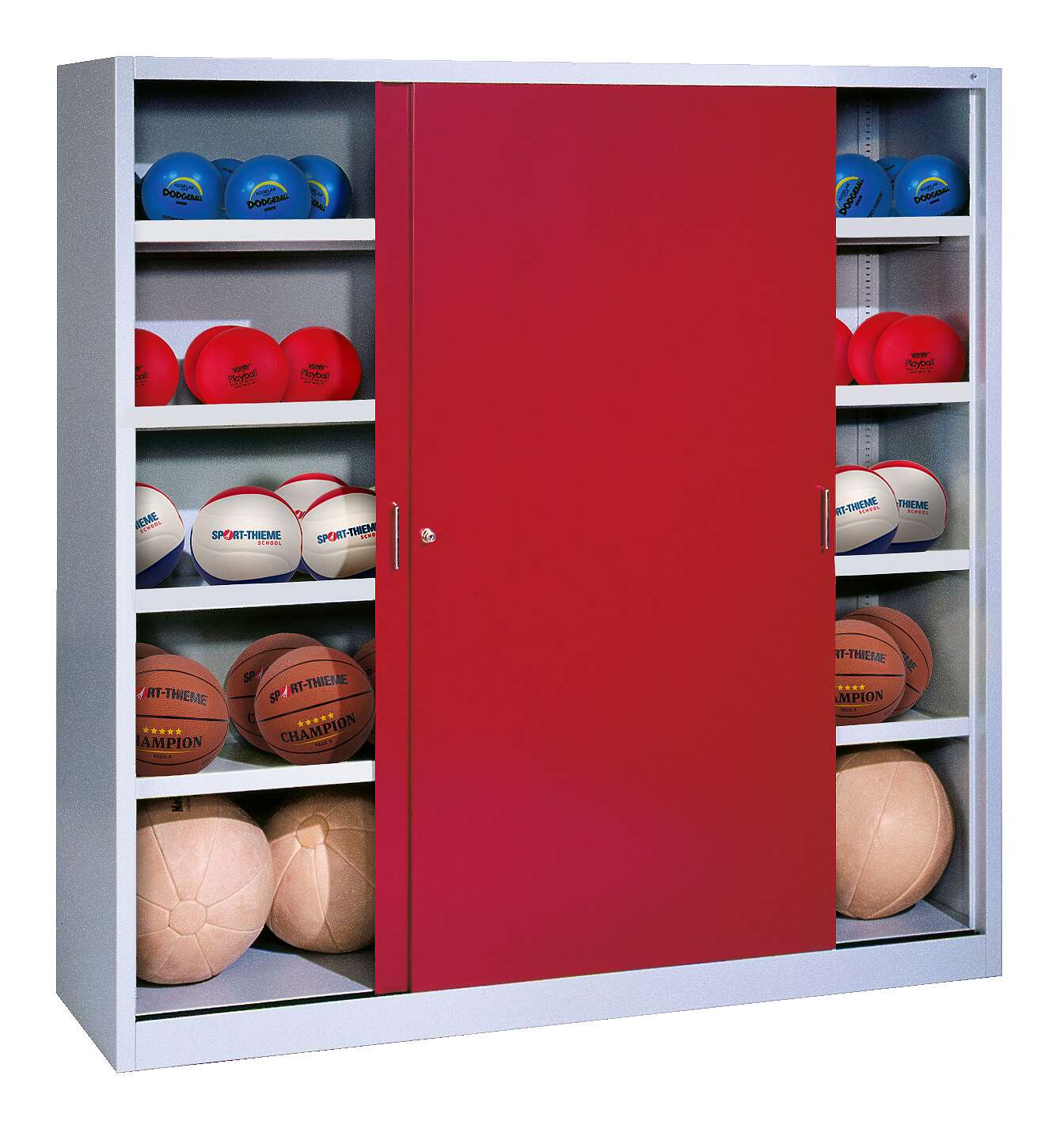C+P Ballschrank (HxBxT: 195x120x40 cm, mit Vollblech-Schiebetüren, Typ 4), Rubinrot (RAL 3003), Einzelschließung