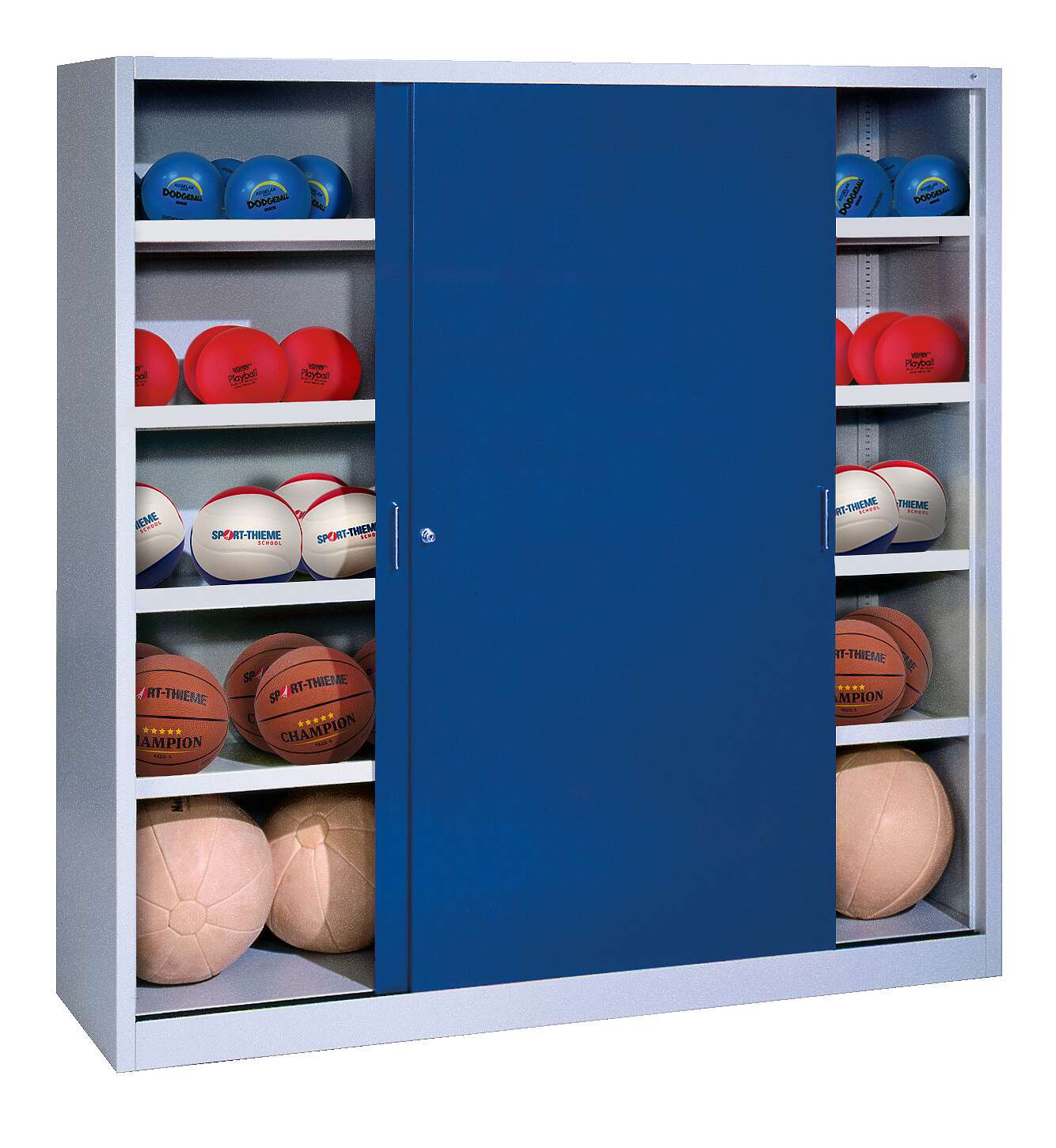 C+P Ballschrank (HxBxT: 195x120x60 cm, mit Vollblech-Schiebetüren, Typ 4), Enzianblau (RAL 5010), Einzelschließung
