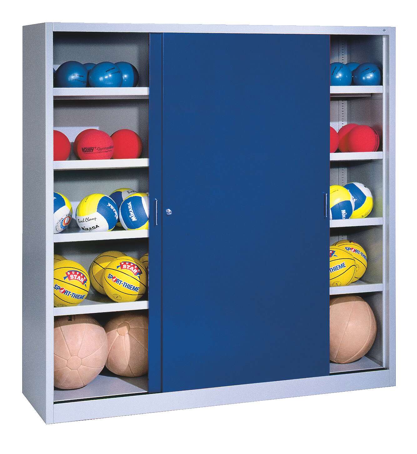 C+P Ballschrank (HxBxT: 195x120x60 cm, mit Vollblech-Schiebetüren, Typ 4), Enzianblau (RAL 5010), Gleichschließung