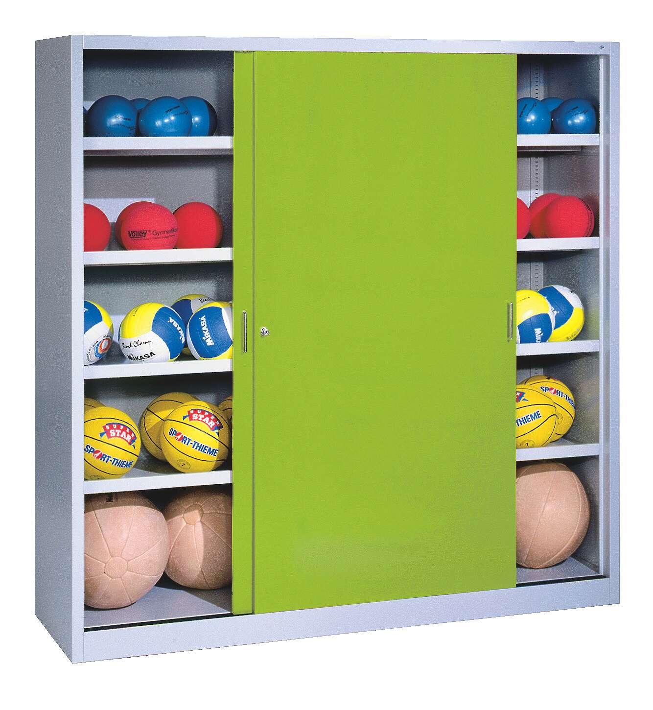 C+P Ballschrank (HxBxT: 195x120x60 cm, mit Vollblech-Schiebetüren, Typ 4), Clowngrün (RAL 110 80 60), Gleichschließung