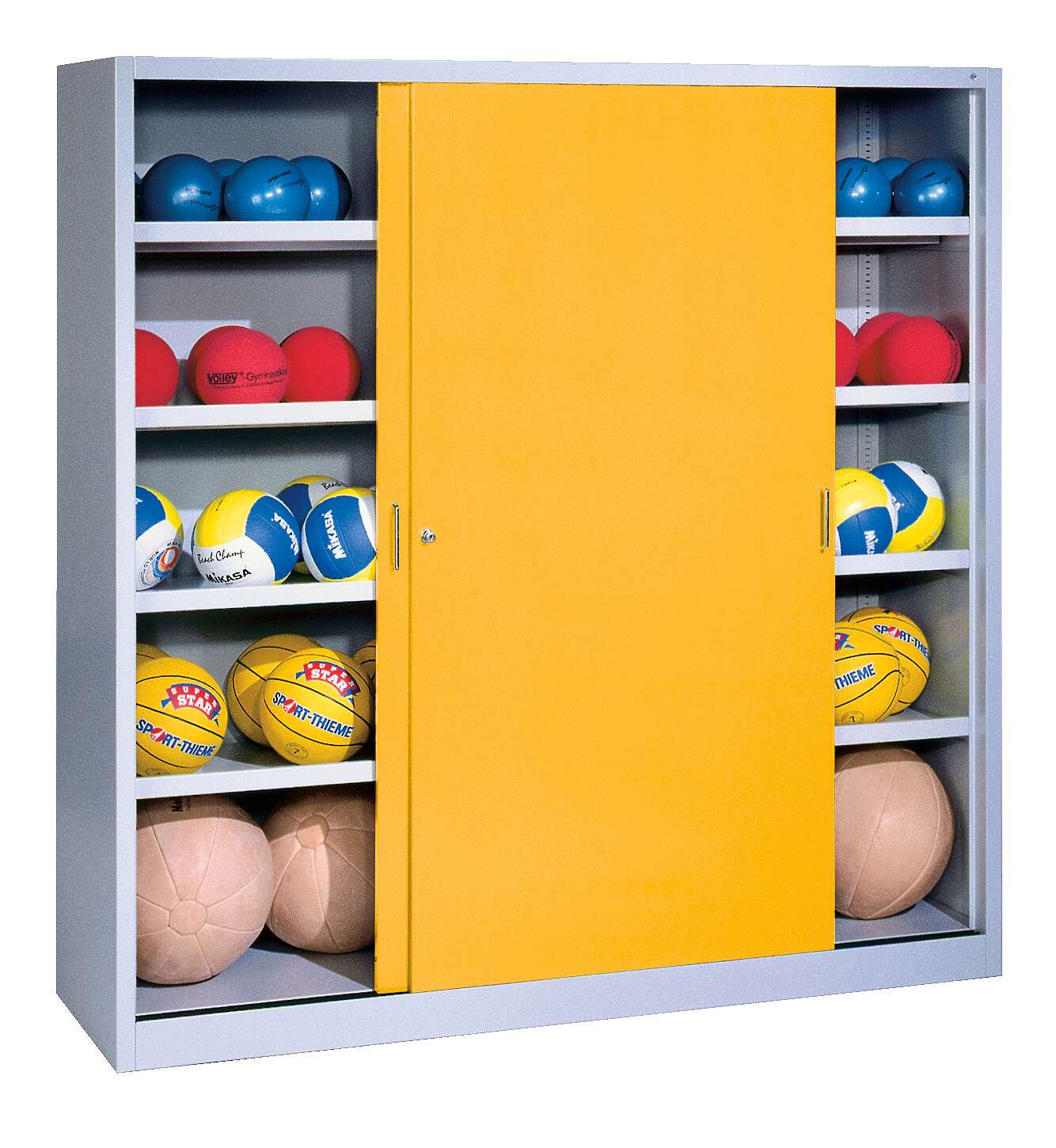 C+P Ballschrank (HxBxT: 195x120x60 cm, mit Vollblech-Schiebetüren, Typ 4), Verkehrsgelb (RAL 1023), Gleichschließung