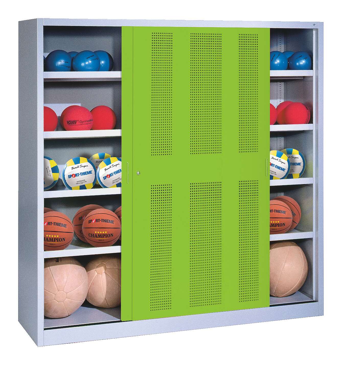 C+P Ballschrank (HxBxT: 195x120x40 cm, mit Lochblech-Schiebetüren, Typ 4), Clowngrün (RAL 110 80 60), Einzelschließung