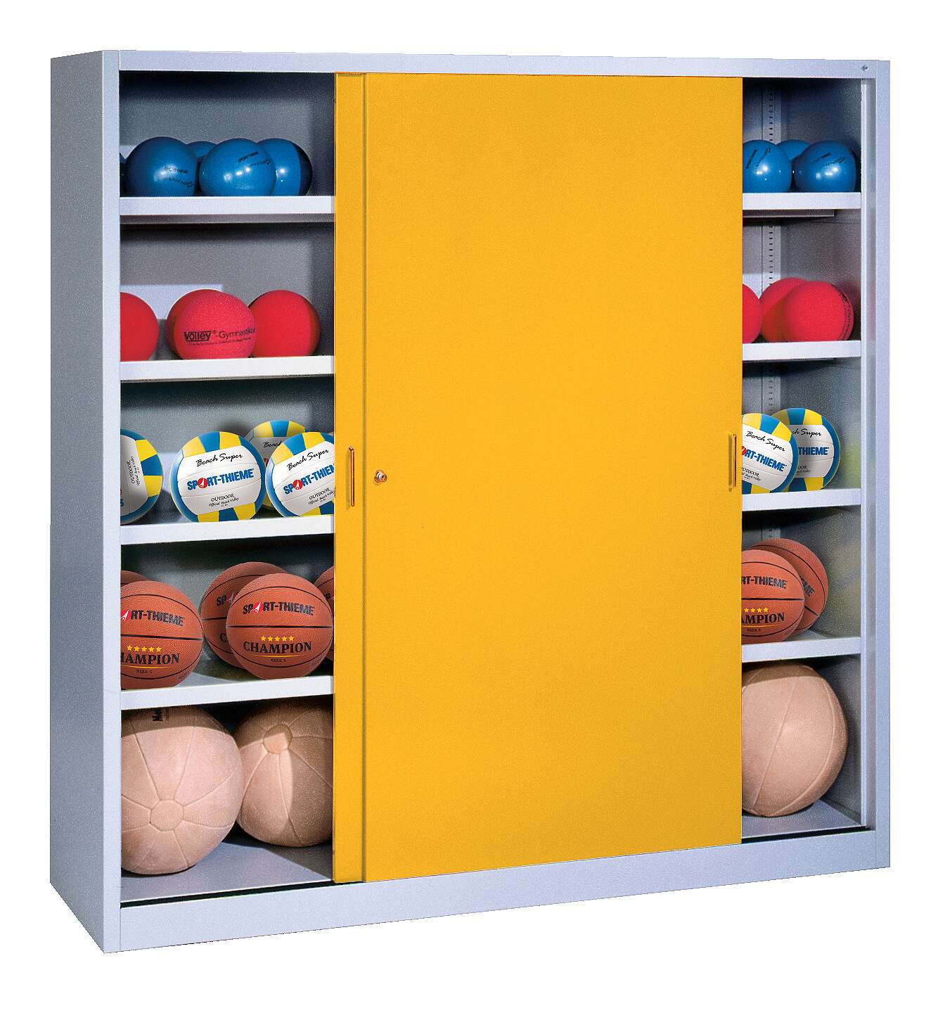 C+P Ballschrank (HxBxT: 195x160x40 cm, mit Vollblech-Schiebetüren, Typ 4), Verkehrsgelb (RAL 1023), Einzelschließung