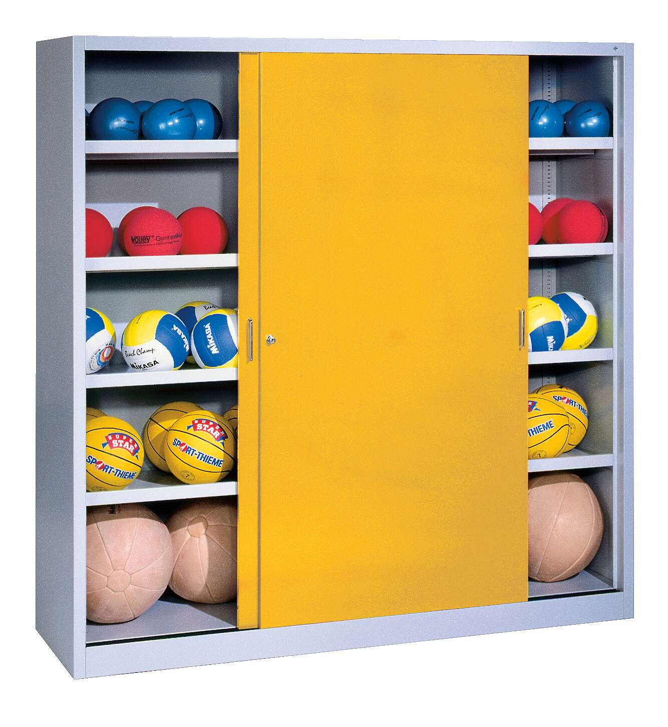 C+P Ballschrank (HxBxT: 195x160x40 cm, mit Vollblech-Schiebetüren, Typ 4), Verkehrsgelb (RAL 1023), Gleichschließung