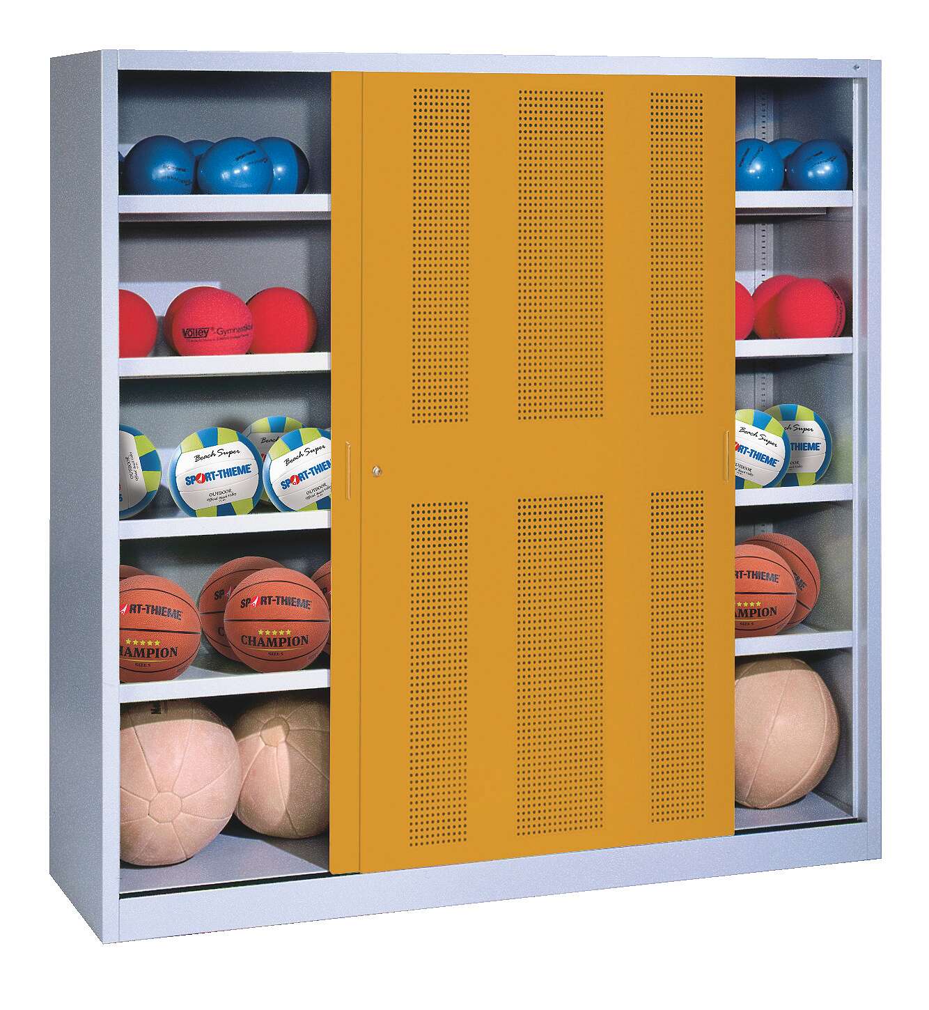 C+P Ballschrank (HxBxT: 195x160x40 cm, mit Lochblech-Schiebetüren, Typ 4), Goldgelb (RAL 1004), Einzelschließung