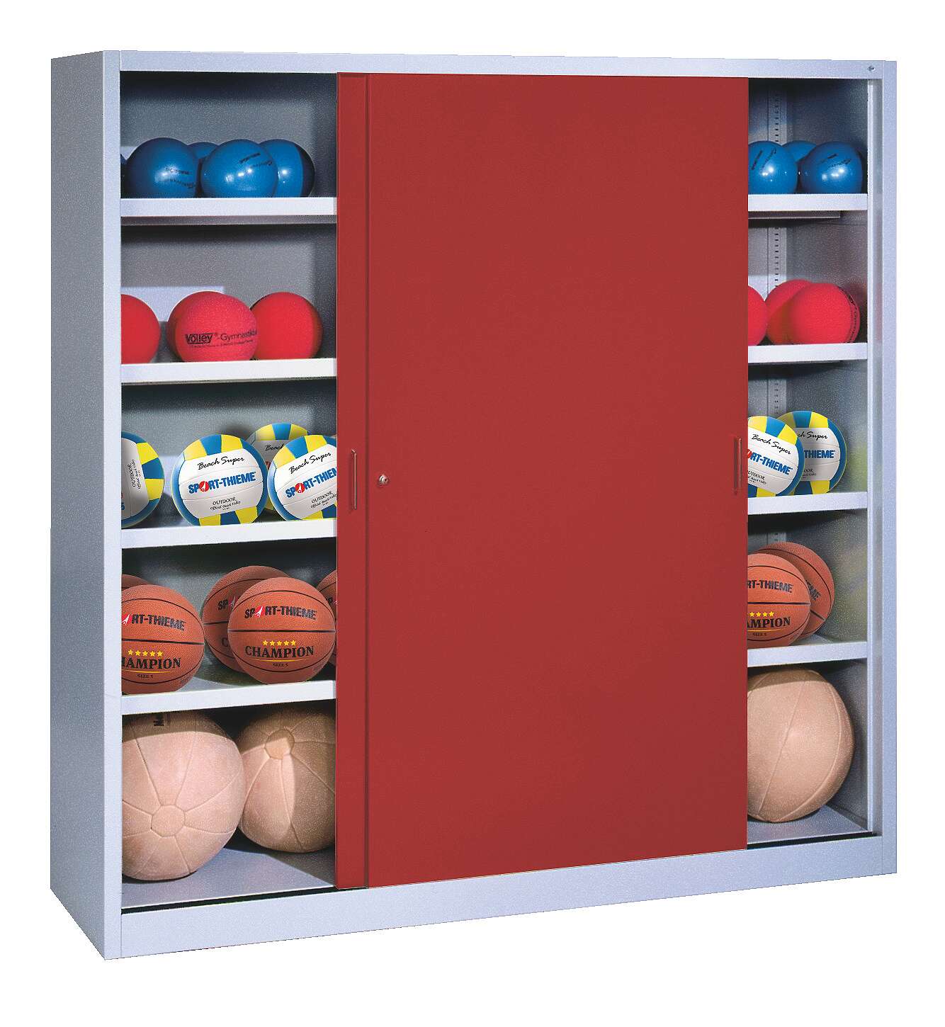 C+P Ballschrank (HxBxT: 195x160x60 cm, mit Vollblech-Schiebetüren, Typ 4), Rubinrot (RAL 3003), Einzelschließung