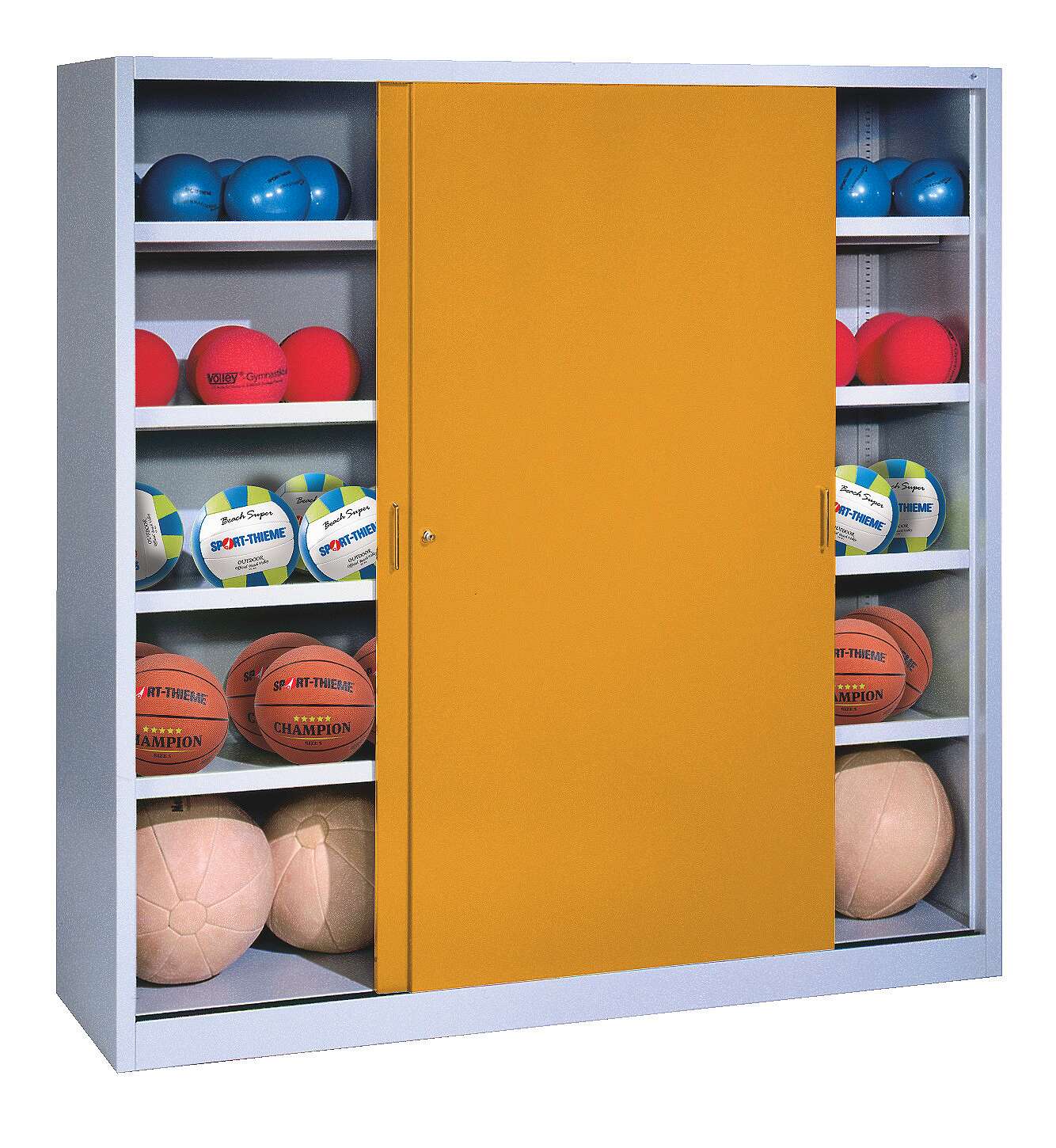 C+P Ballschrank (HxBxT: 195x160x60 cm, mit Vollblech-Schiebetüren, Typ 4), Goldgelb (RAL 1004), Gleichschließung