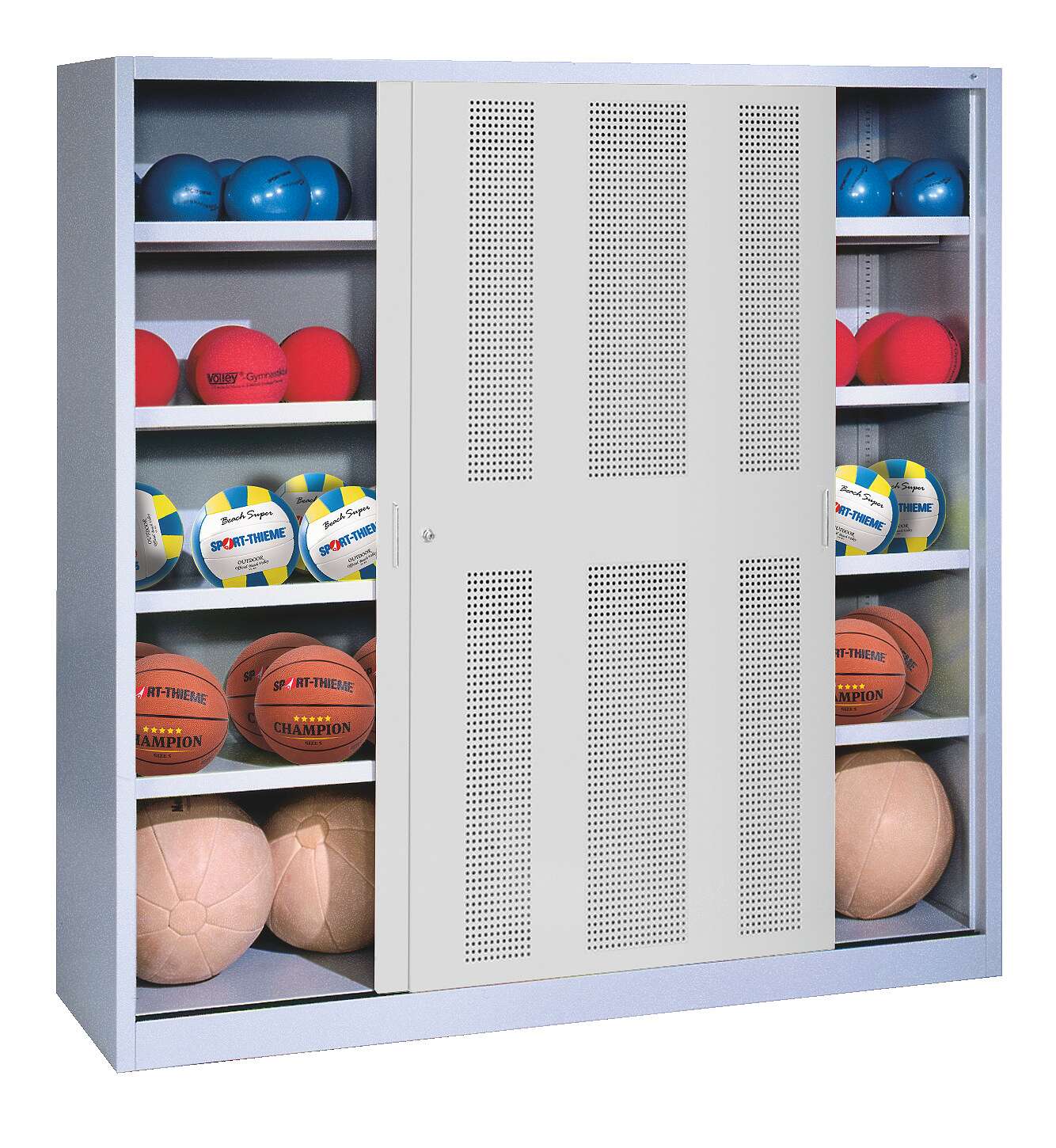 C+P Ballschrank (HxBxT: 195x160x60 cm, mit Lochblech-Schiebetüren, Typ 4), Lichtgrau (RAL 7035), Einzelschließung