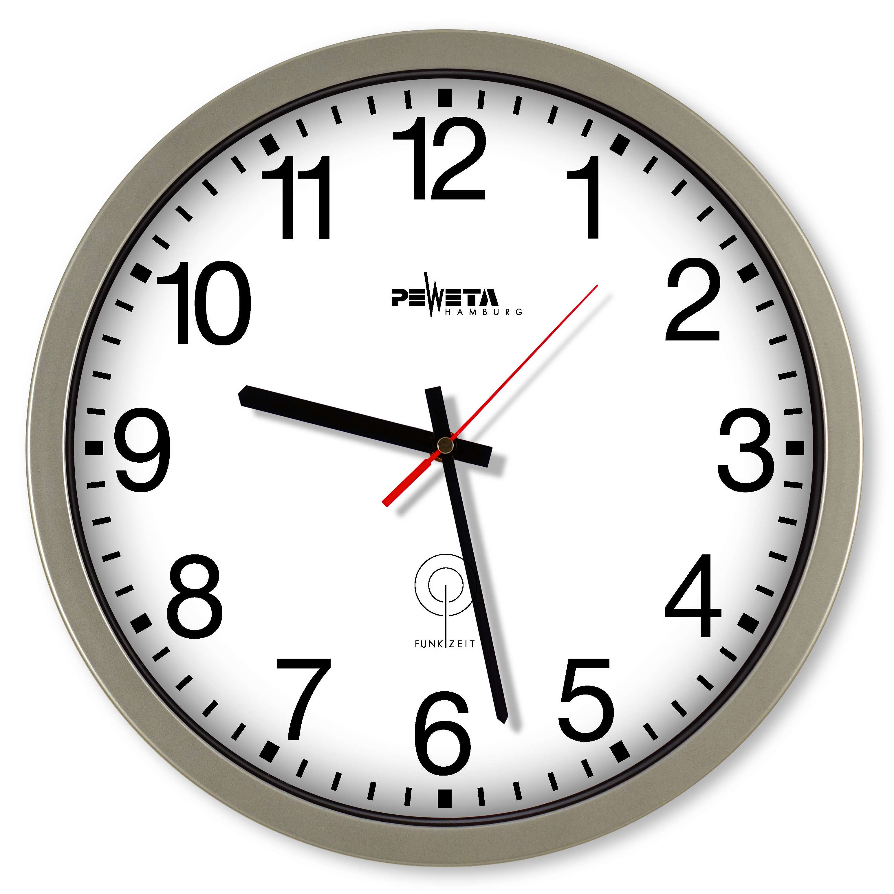 Peweta Funk-Wanduhr „ø 35 cm“, Batteriebetrieb, Mattsilber, Zifferblatt arabische Zahlen