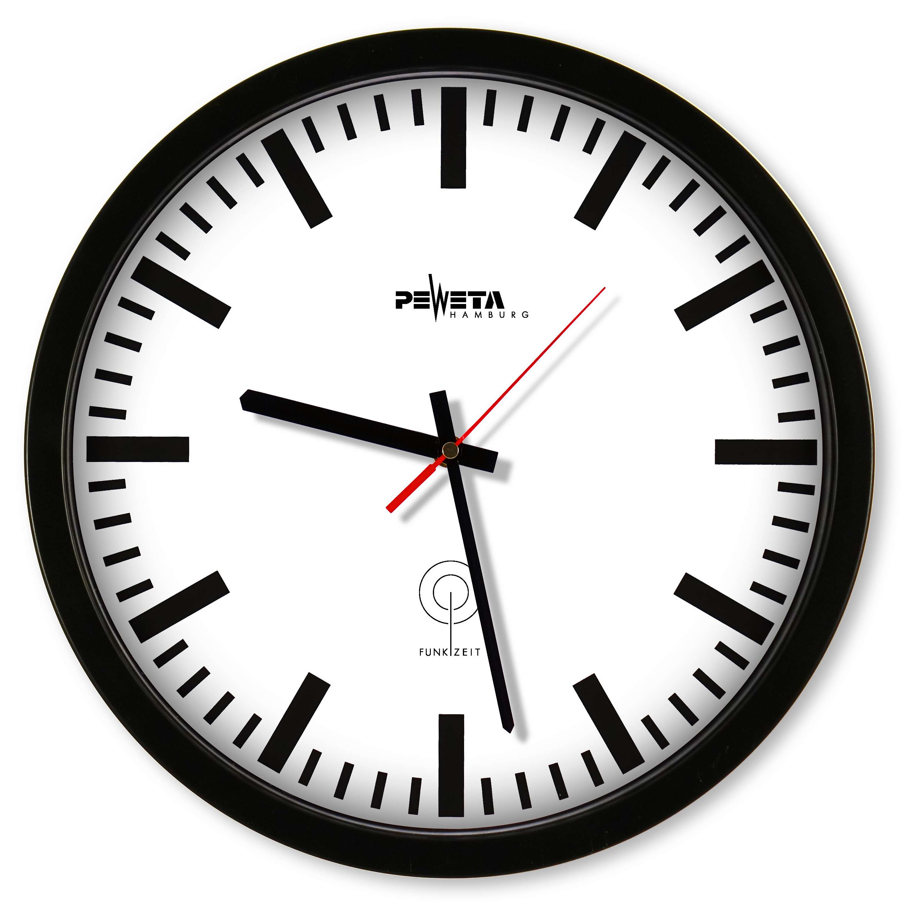 Peweta Funk-Wanduhr „ø 35 cm“, Batteriebetrieb, Schwarz, Zifferblatt DIN-Balken