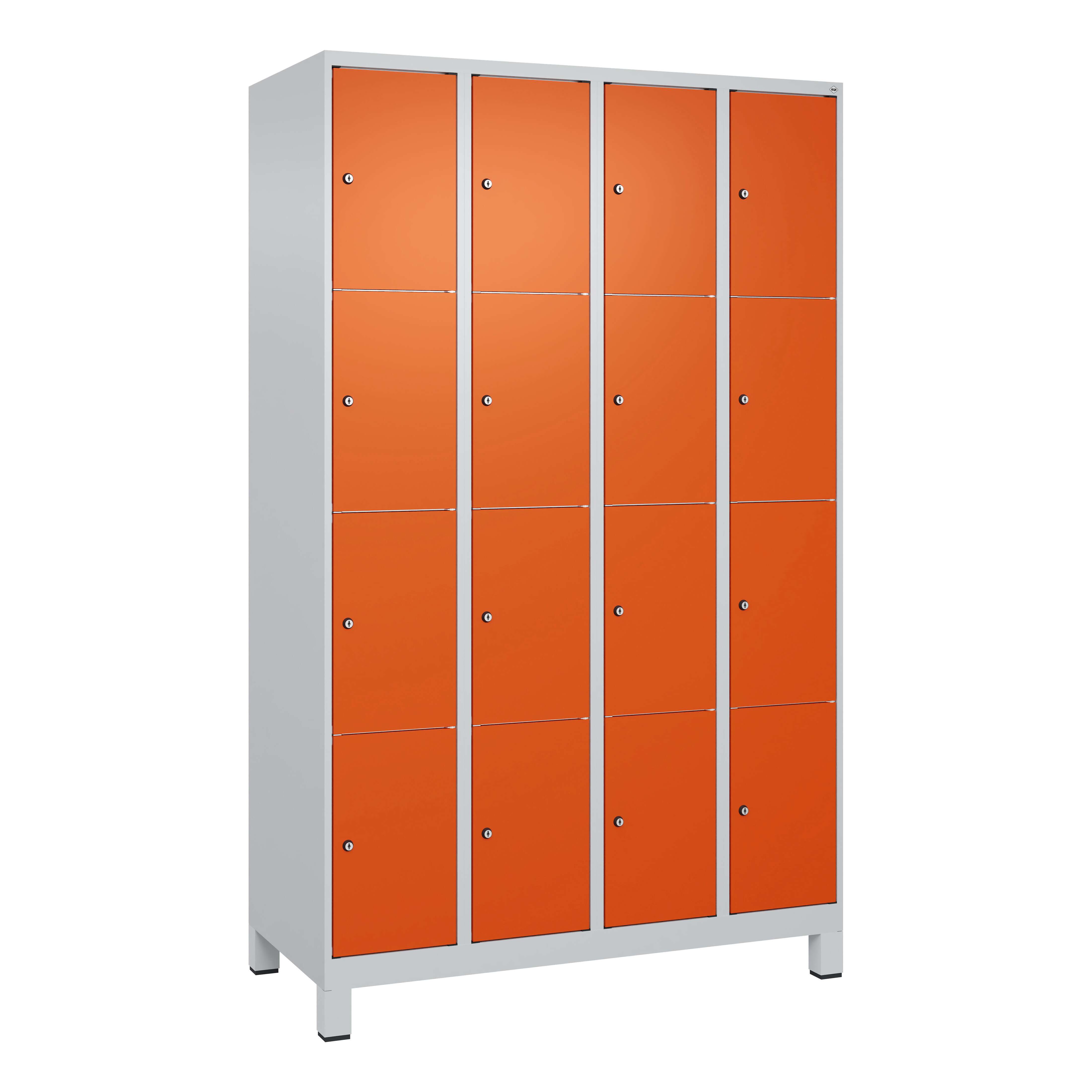 C+P Fächerschrank „Classic Plus“, 4 Fächer übereinander, Abteilbreite 30 cm, mit Füßen, Reinorange (RAL 2004), 195x120x50 cm/ 16 Fächer
