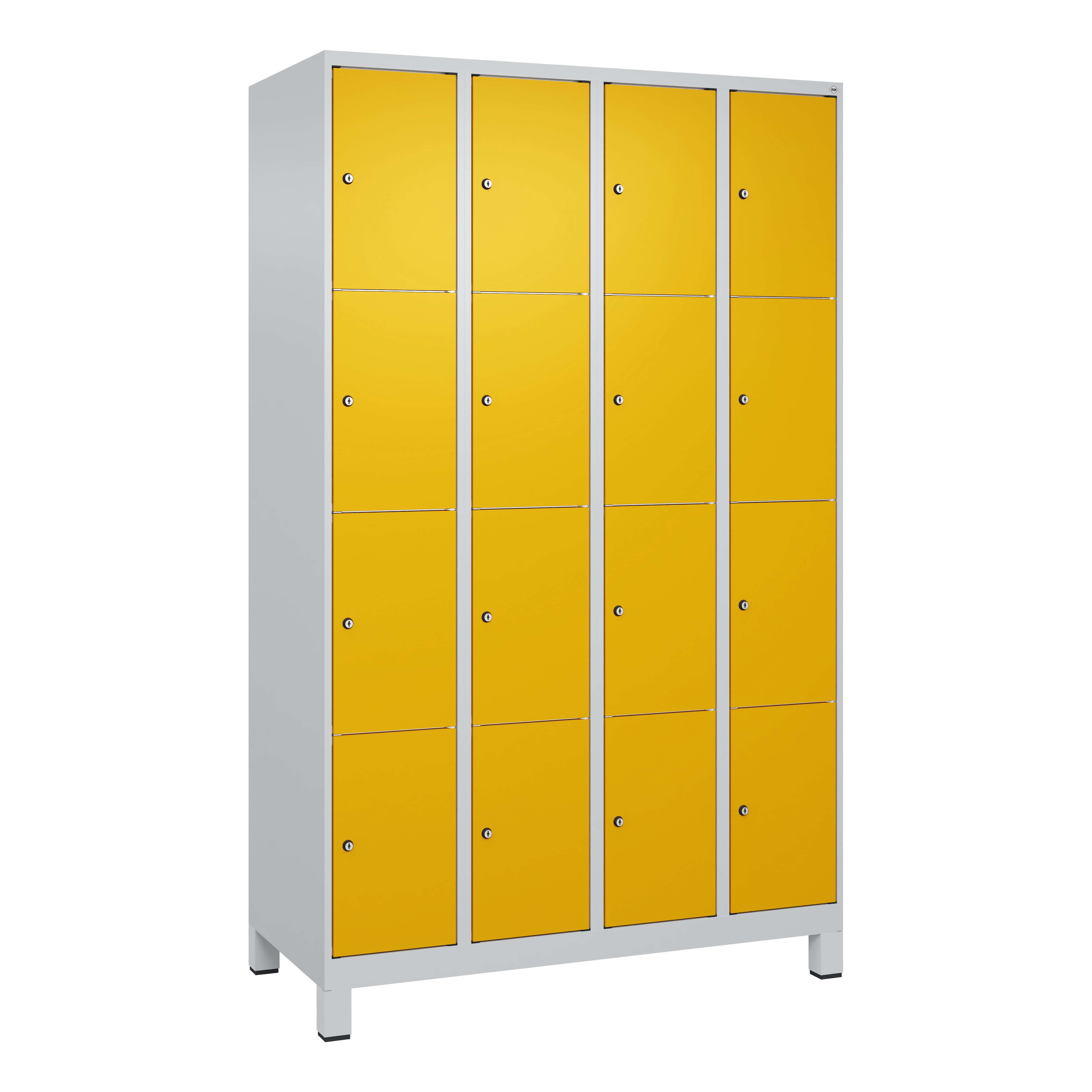C+P Fächerschrank „Classic Plus“, 4 Fächer übereinander, Abteilbreite 30 cm, mit Füßen, Verkehrsgelb (RAL 1023), 195x120x50 cm/ 16 Fächer