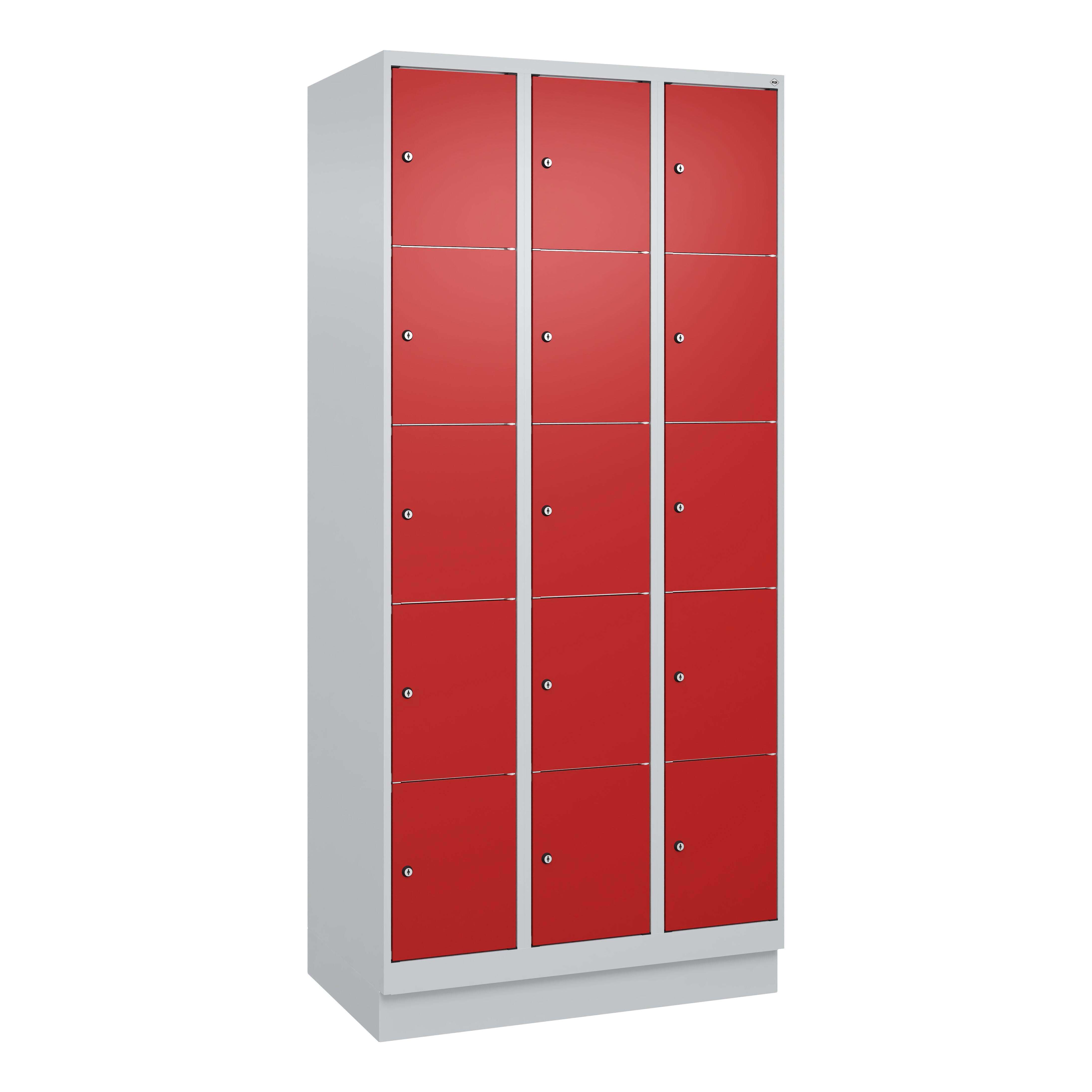 C+P Fächerschrank „Classic Plus“, 5 Fächer übereinander, Abteilbreite 30 cm, mit Sockel, Feuerrot (RAL 3000), 195x90x50 cm/ 15 Fächer